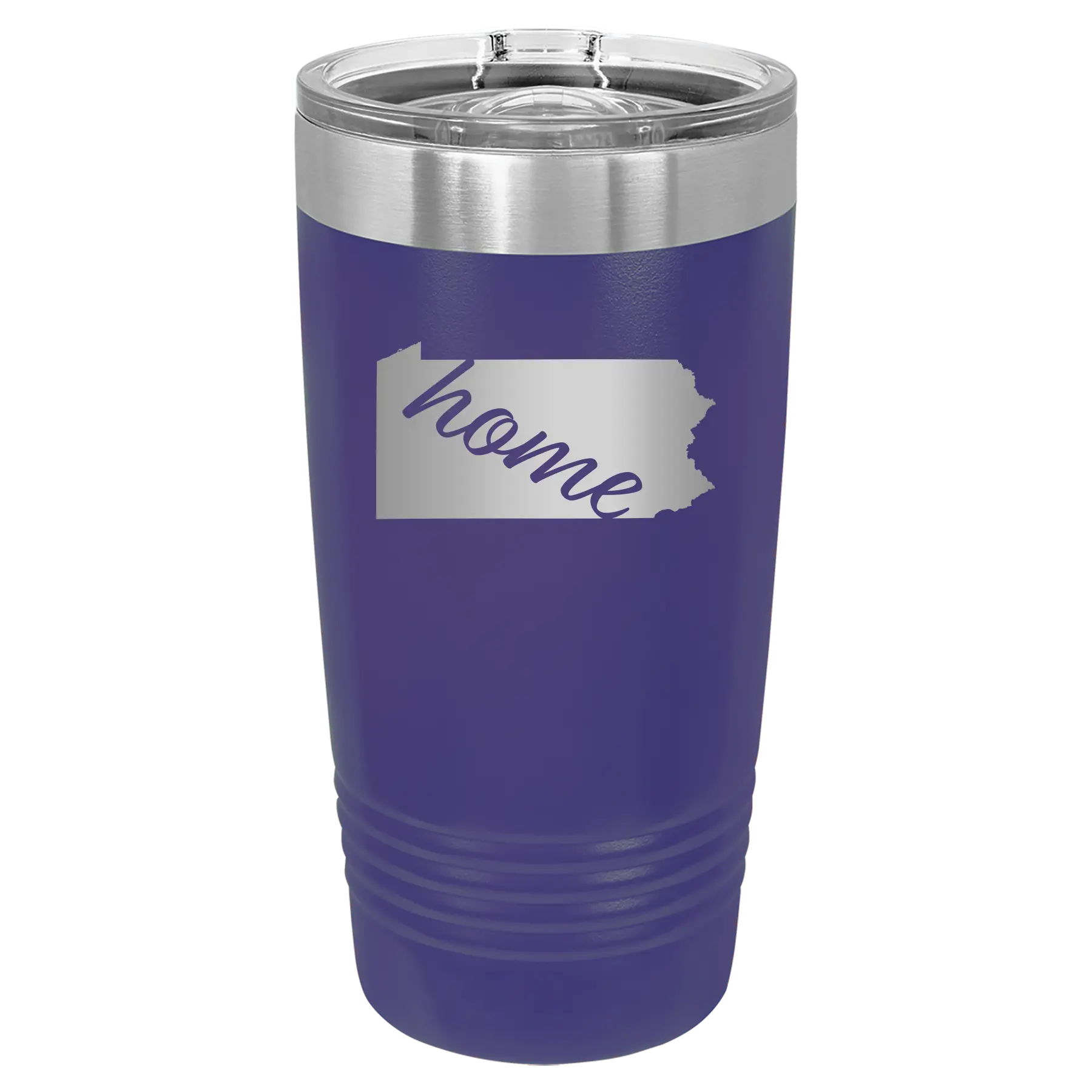 Laser etched purple 20 oz vacuum insulated tumbler with 'Pennsylvania Home' design