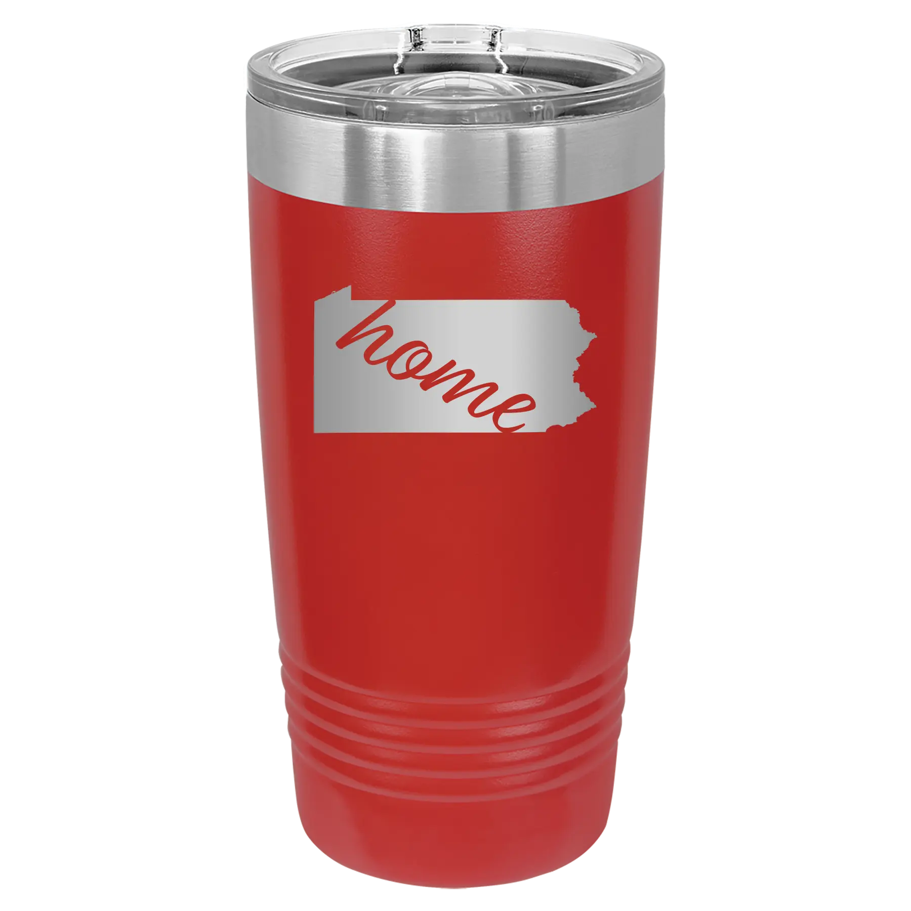 Laser etched red 20 oz vacuum insulated tumbler with 'Pennsylvania Home' design