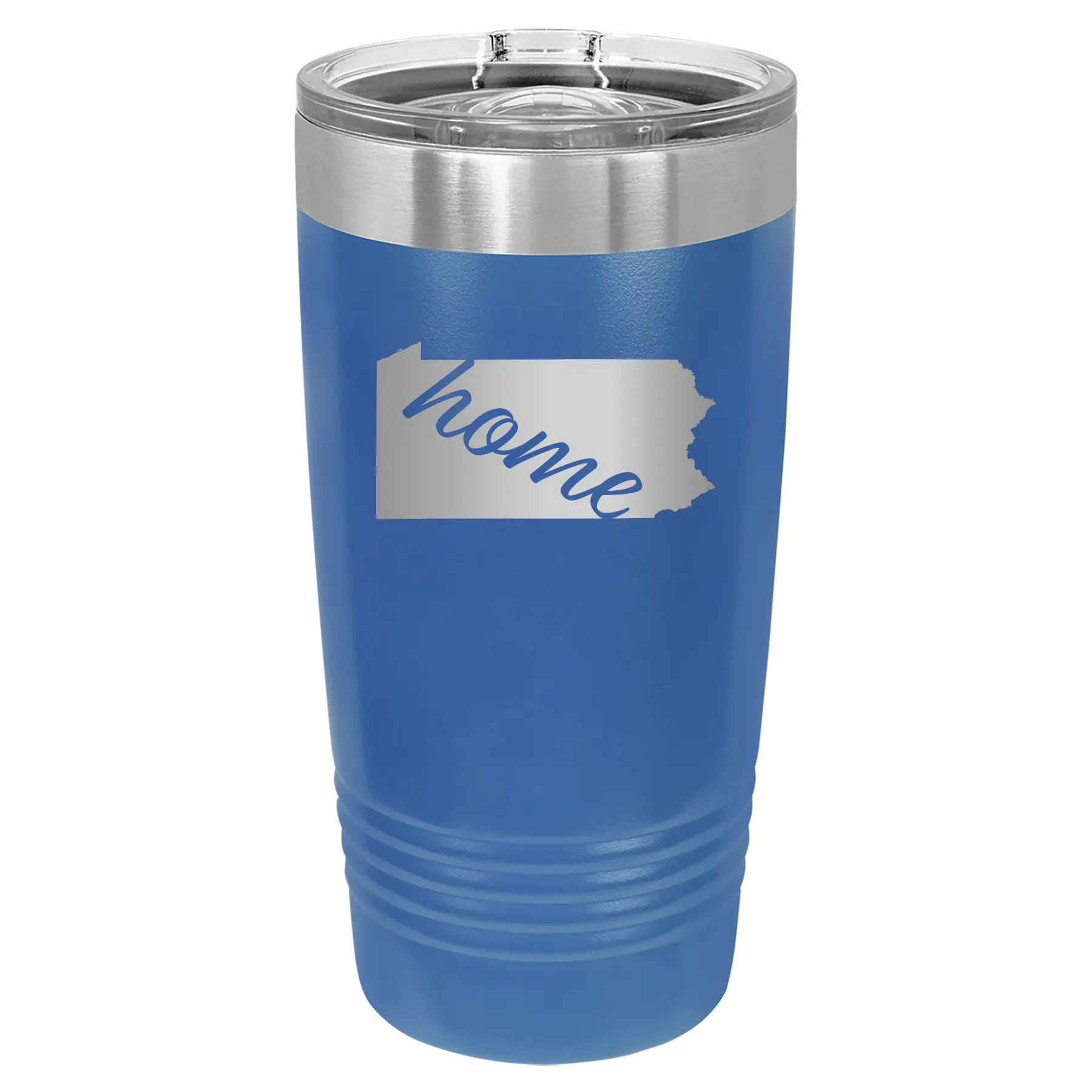 Laser etched royal blue 20 oz vacuum insulated tumbler with 'Pennsylvania Home' design