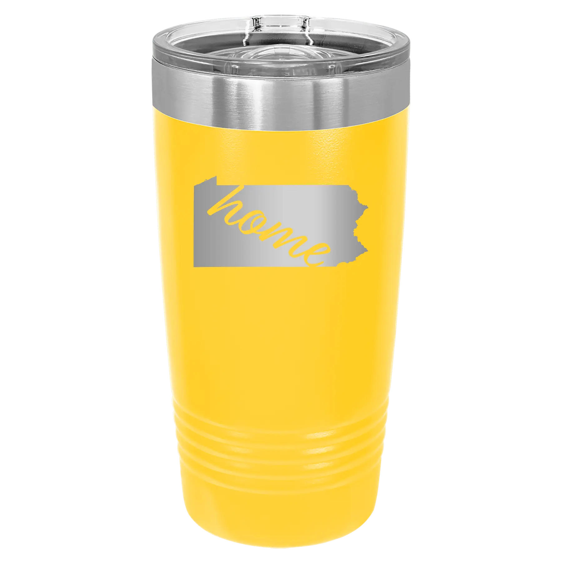 Laser etched yellow 20 oz vacuum insulated tumbler with 'Pennsylvania Home' design