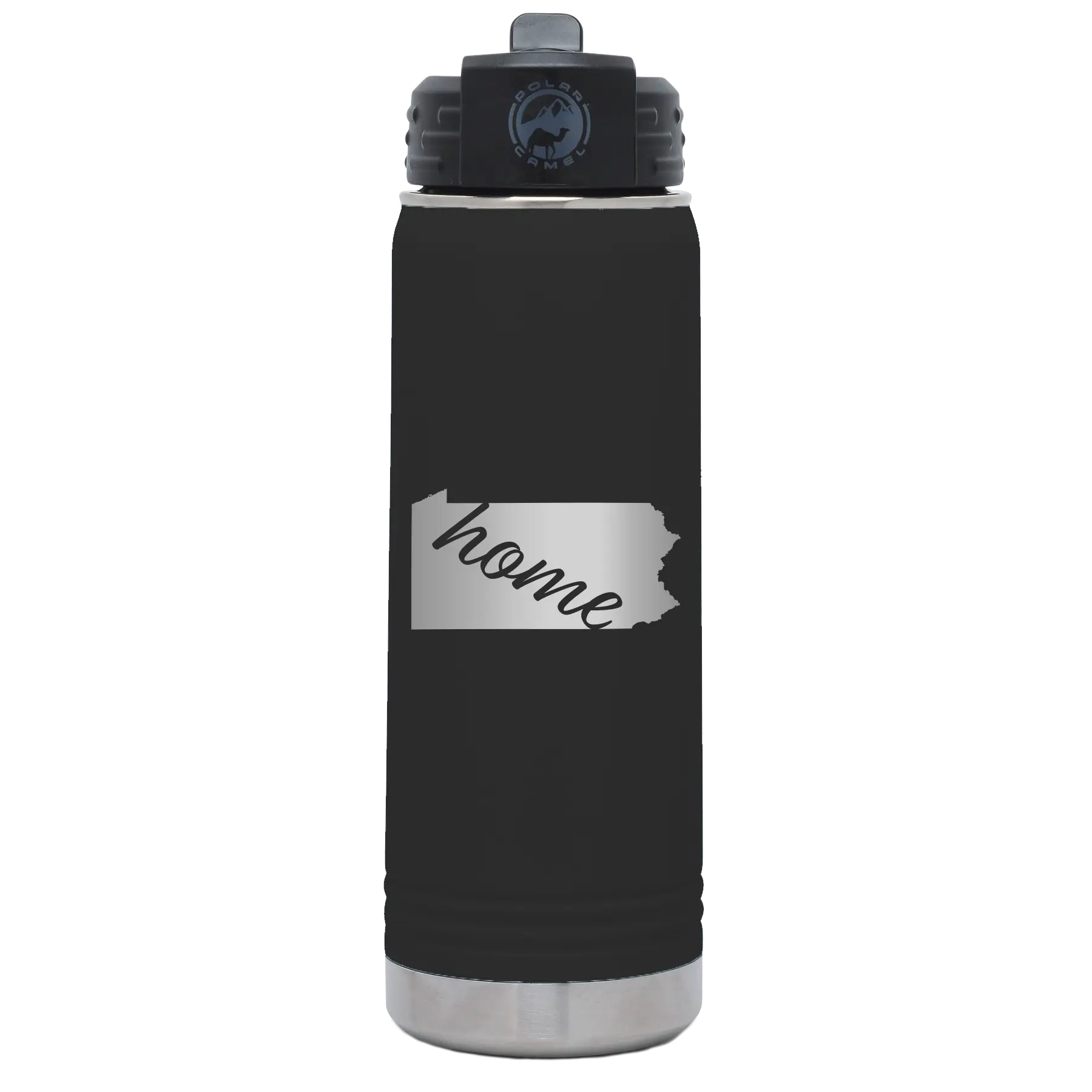 Laser etched black 20 oz vacuum insulated water bottle with 'Pennsylvania Home' design