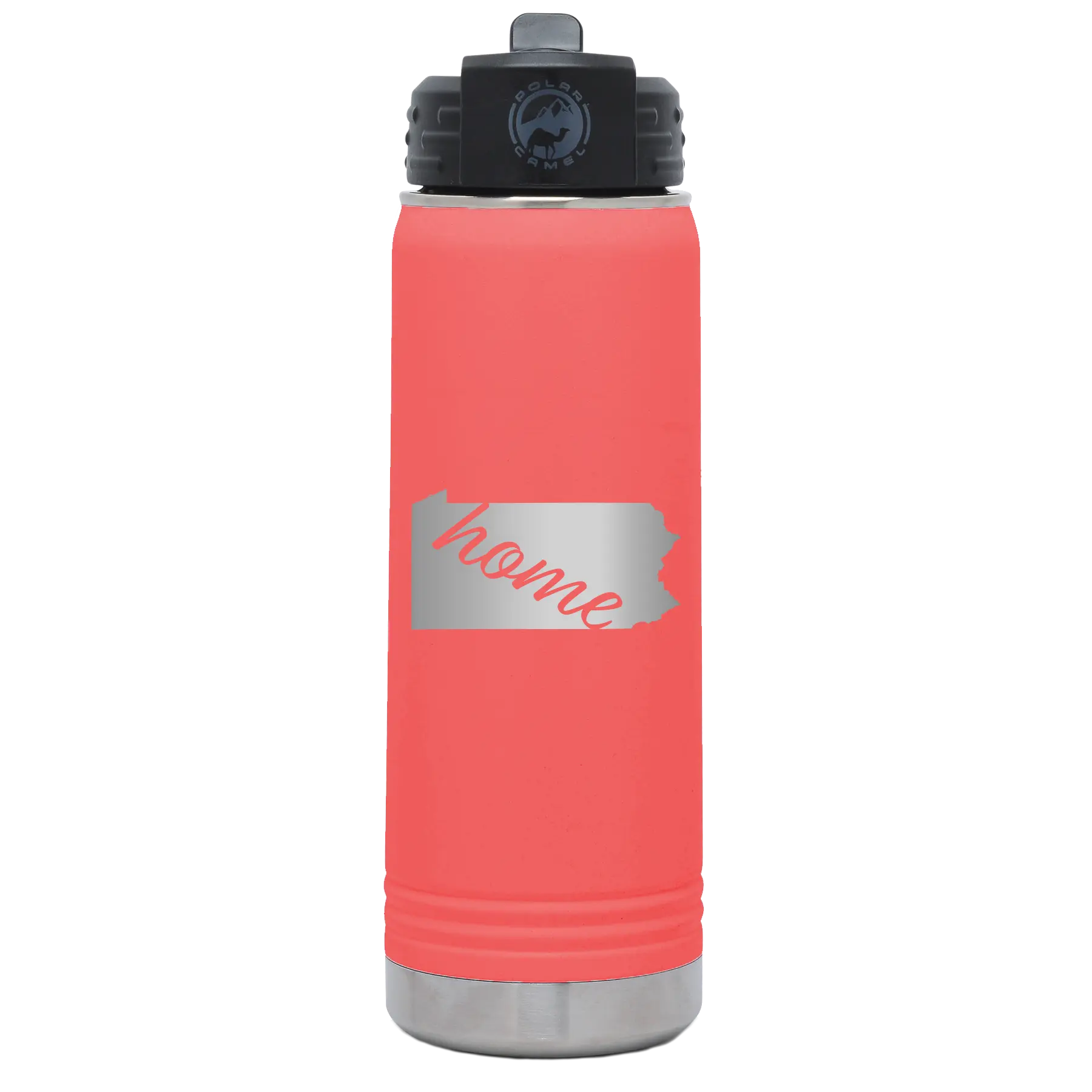 Laser etched coral 20 oz vacuum insulated water bottle with 'Pennsylvania Home' design
