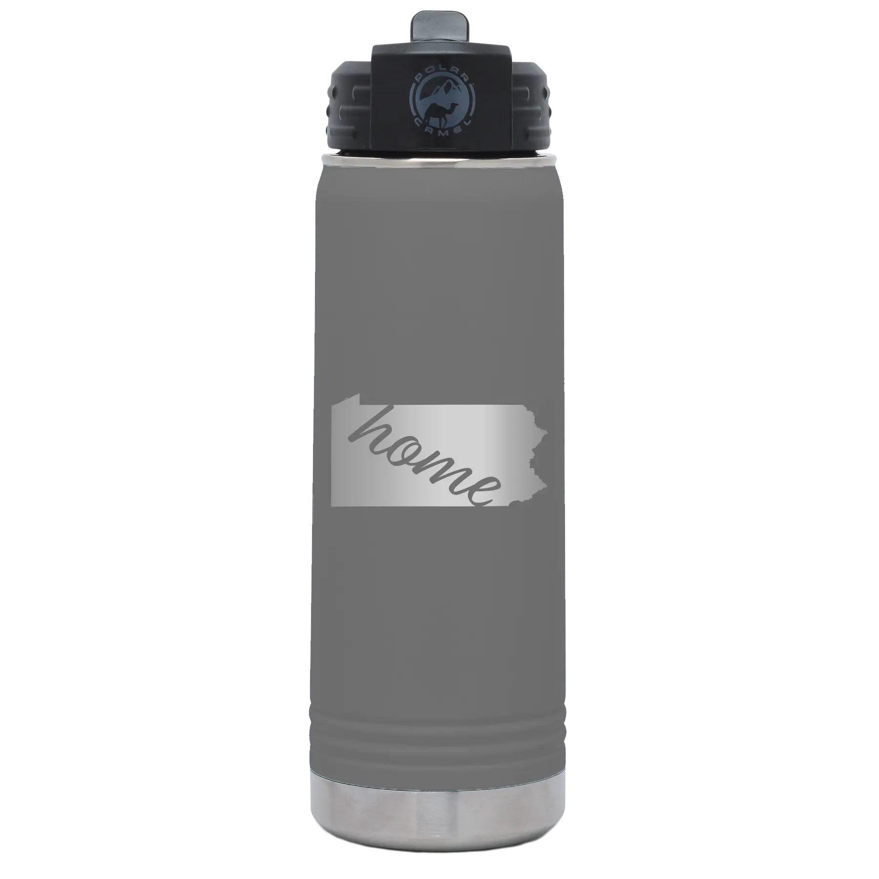 Laser etched dark gray 20 oz vacuum insulated water bottle with 'Pennsylvania Home' design