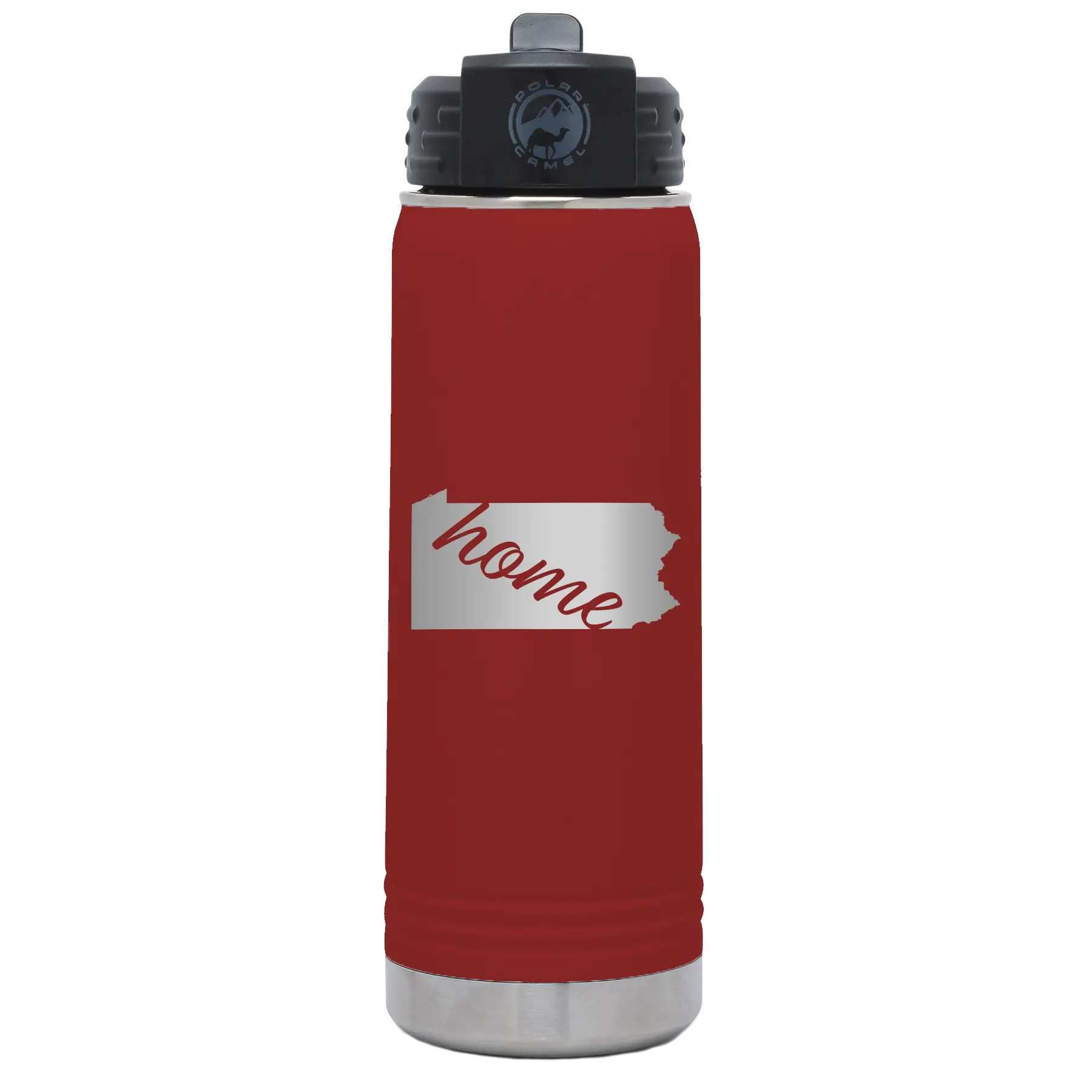 Laser etched maroon 20 oz vacuum insulated water bottle with 'Pennsylvania Home' design