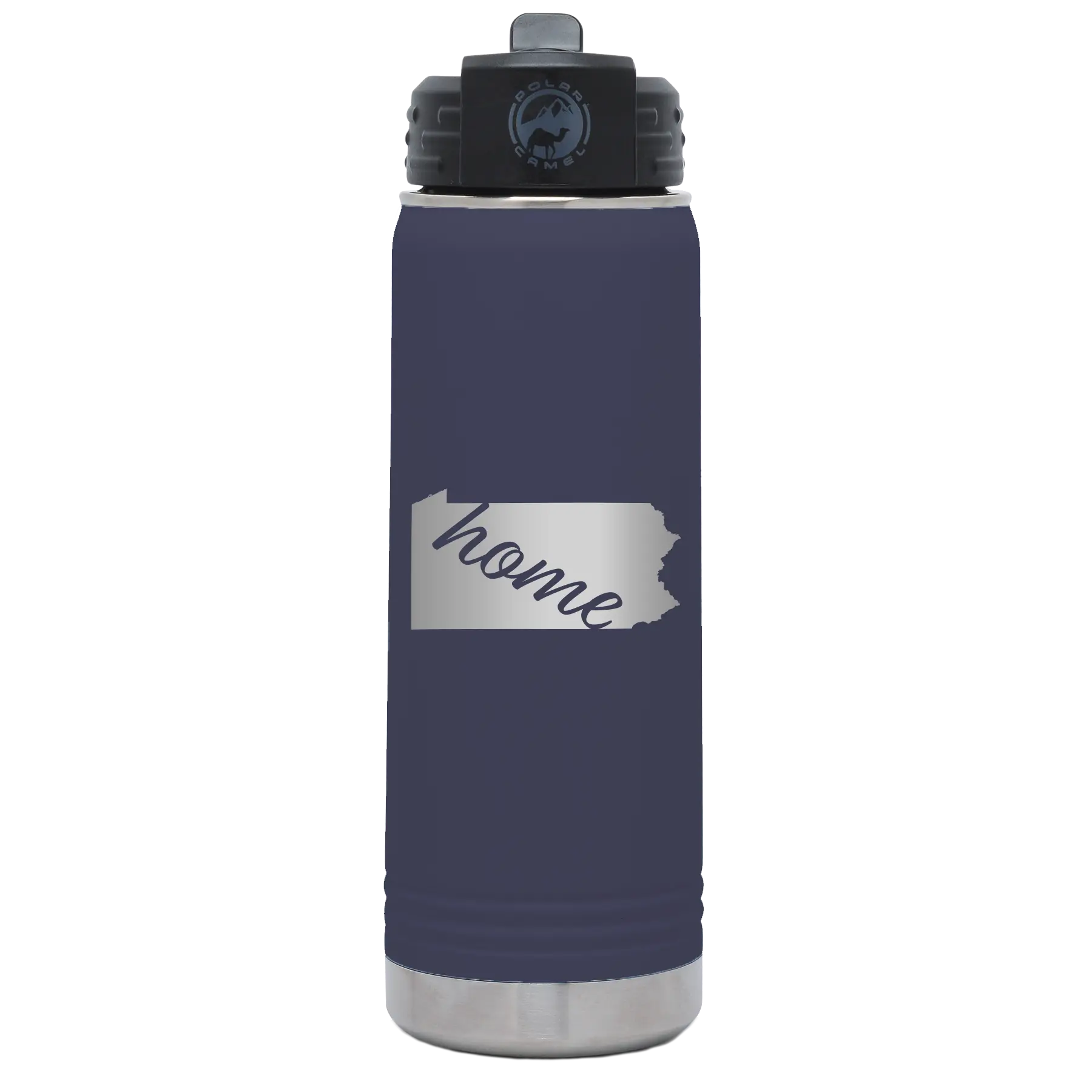 Laser etched navy 20 oz vacuum insulated water bottle with 'Pennsylvania Home' design
