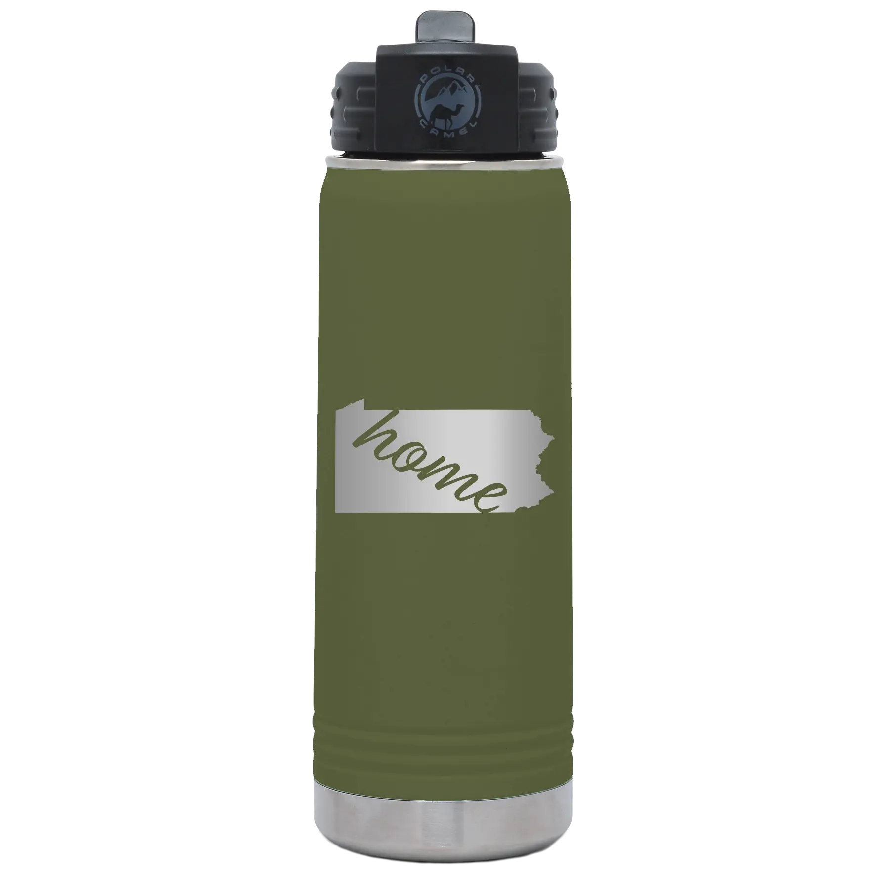 Laser etched olive green 20 oz vacuum insulated water bottle with 'Pennsylvania Home' design