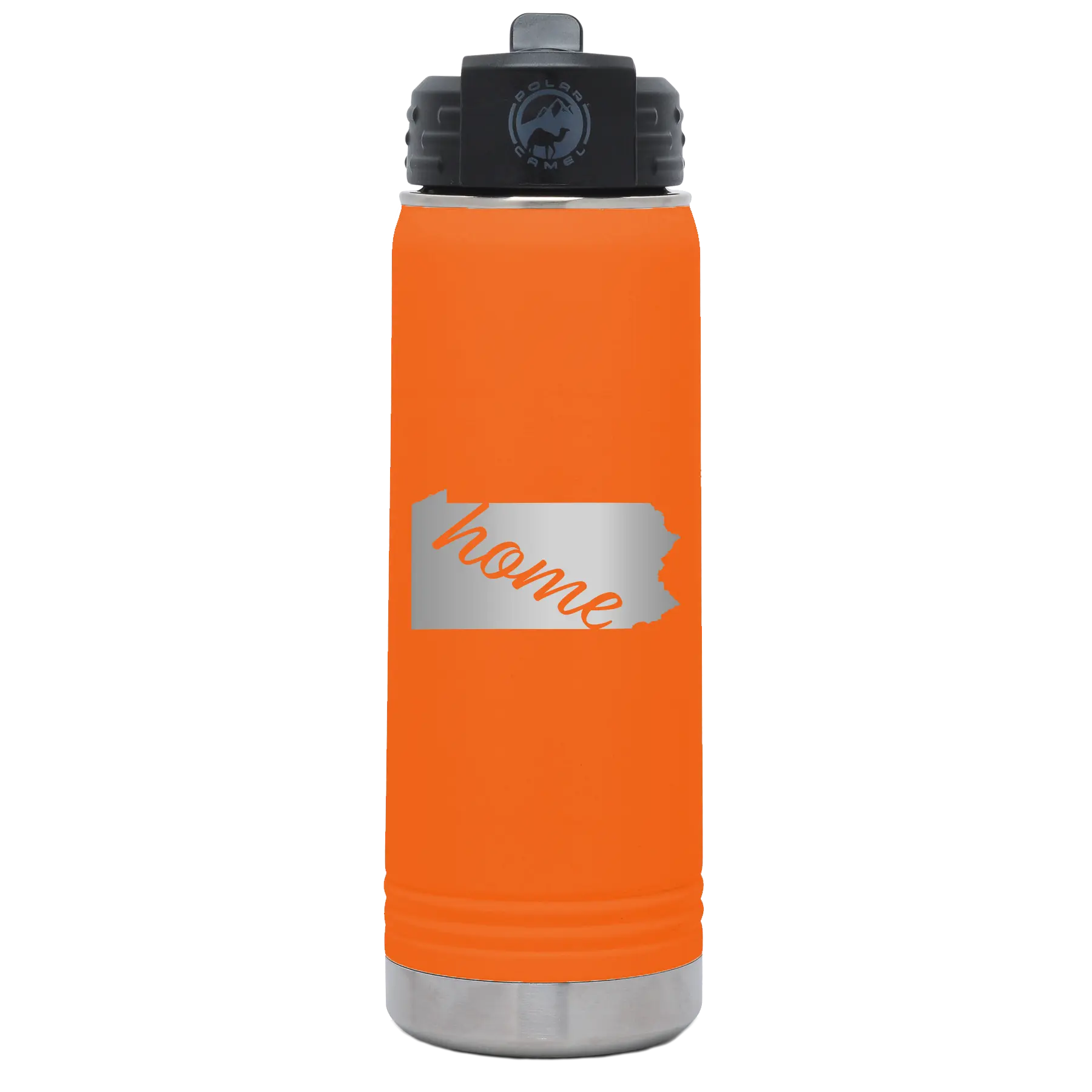 Laser etched orange 20 oz vacuum insulated water bottle with 'Pennsylvania Home' design