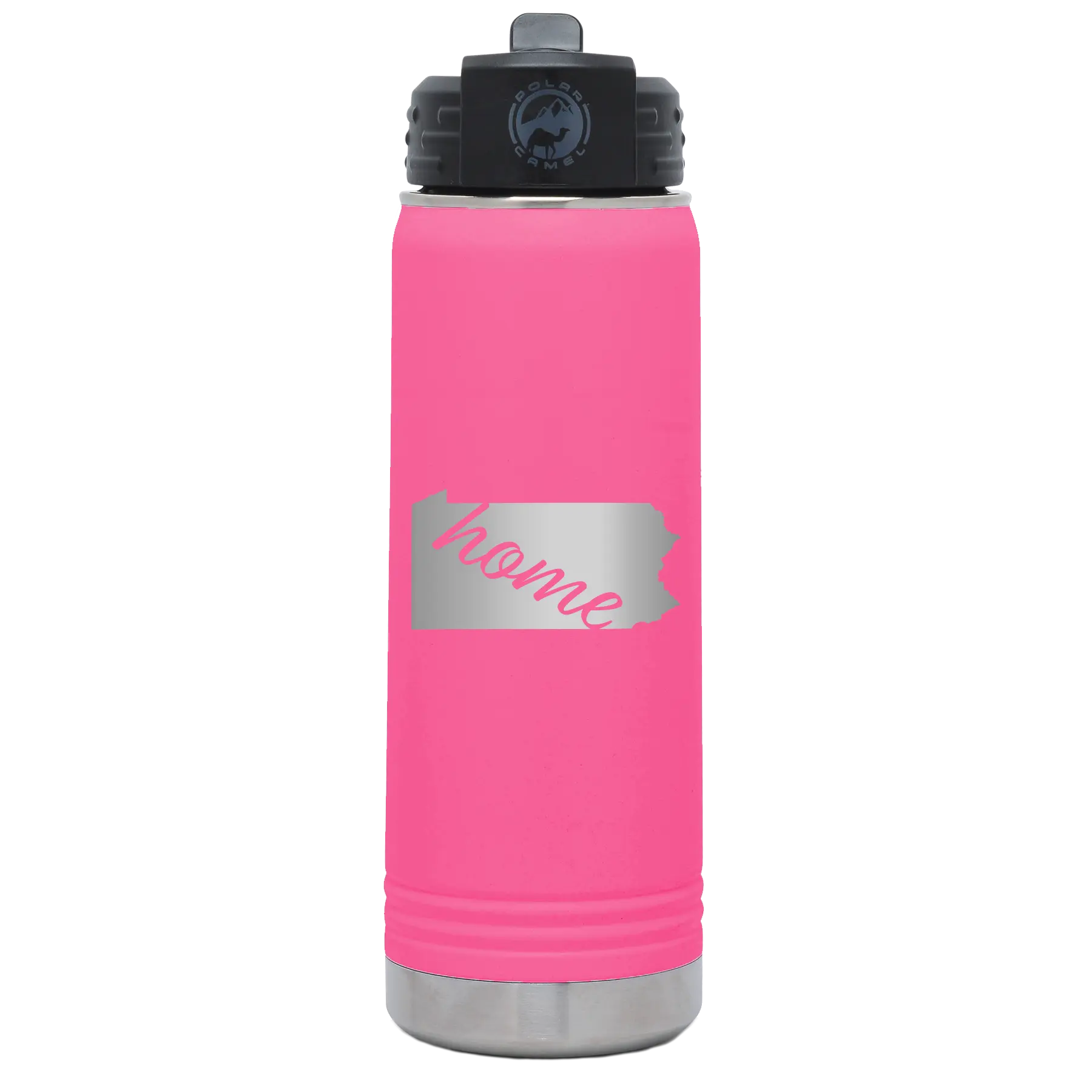 Laser etched pink 20 oz vacuum insulated water bottle with 'Pennsylvania Home' design