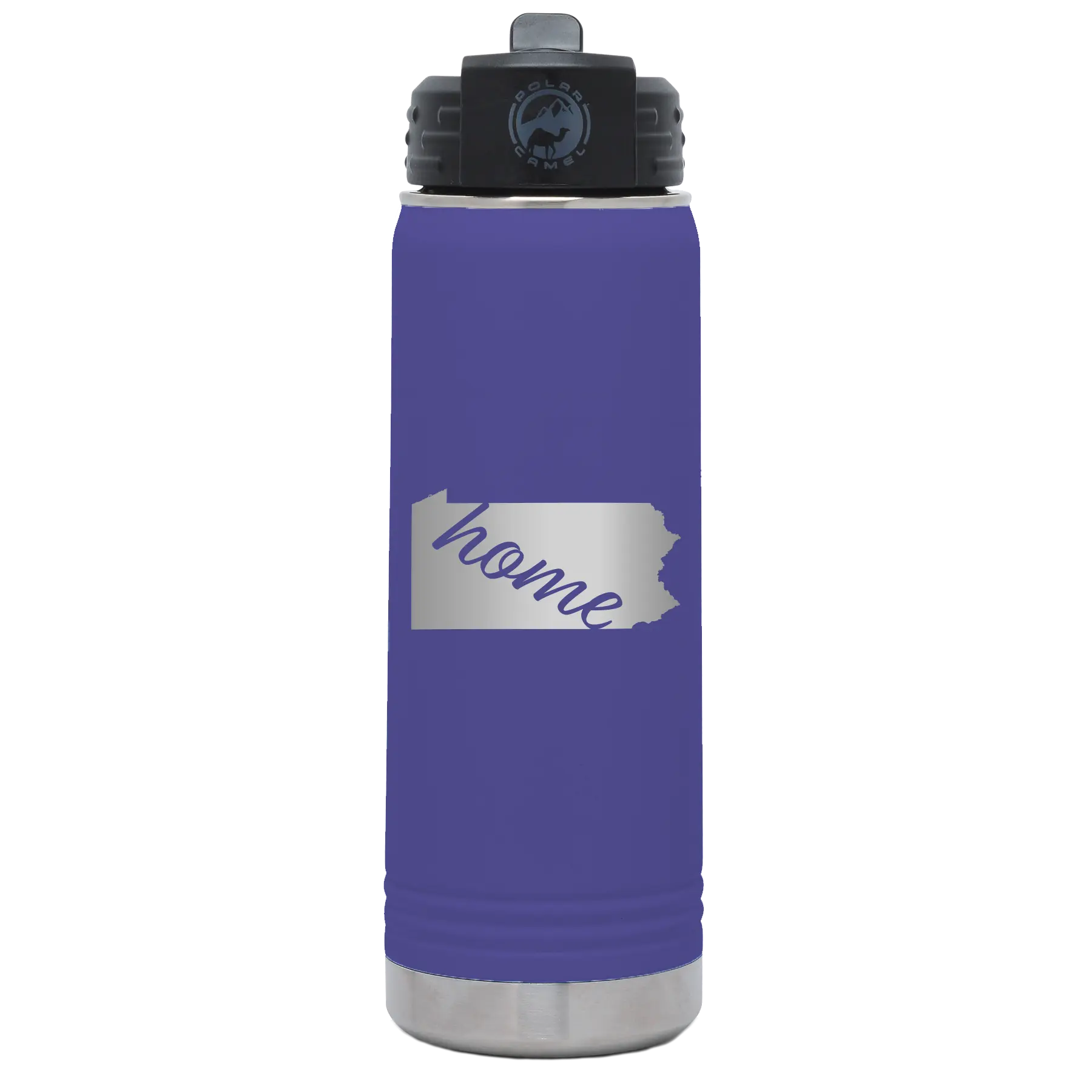 Laser etched purple 20 oz vacuum insulated water bottle with 'Pennsylvania Home' design