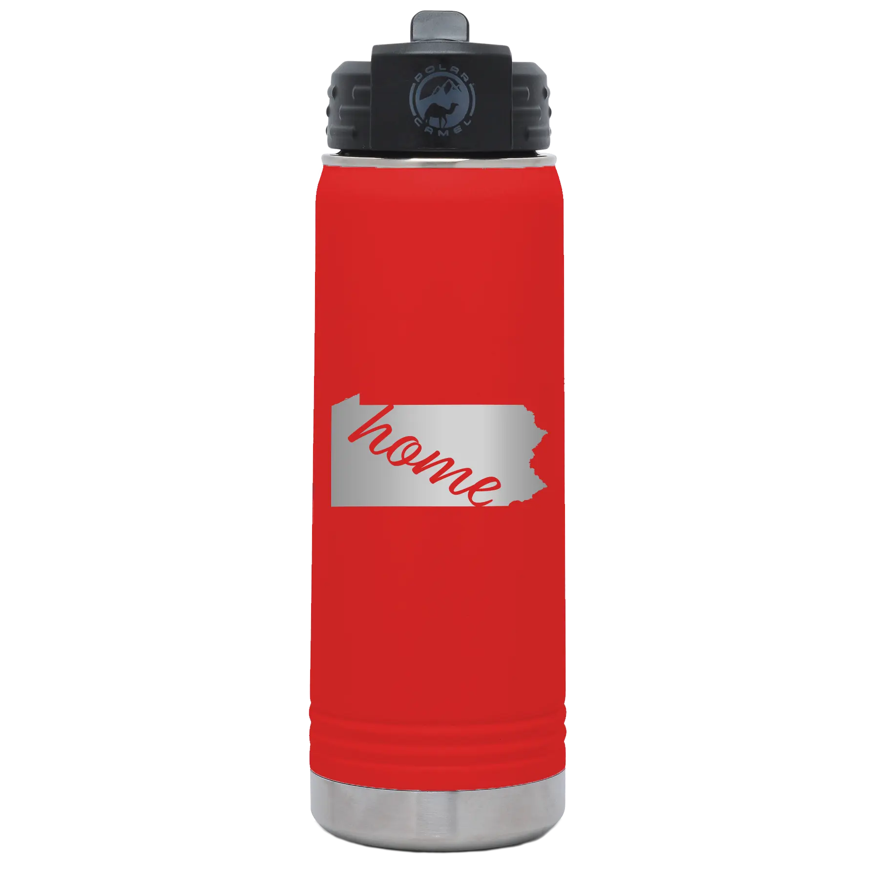 Laser etched red 20 oz vacuum insulated water bottle with 'Pennsylvania Home' design