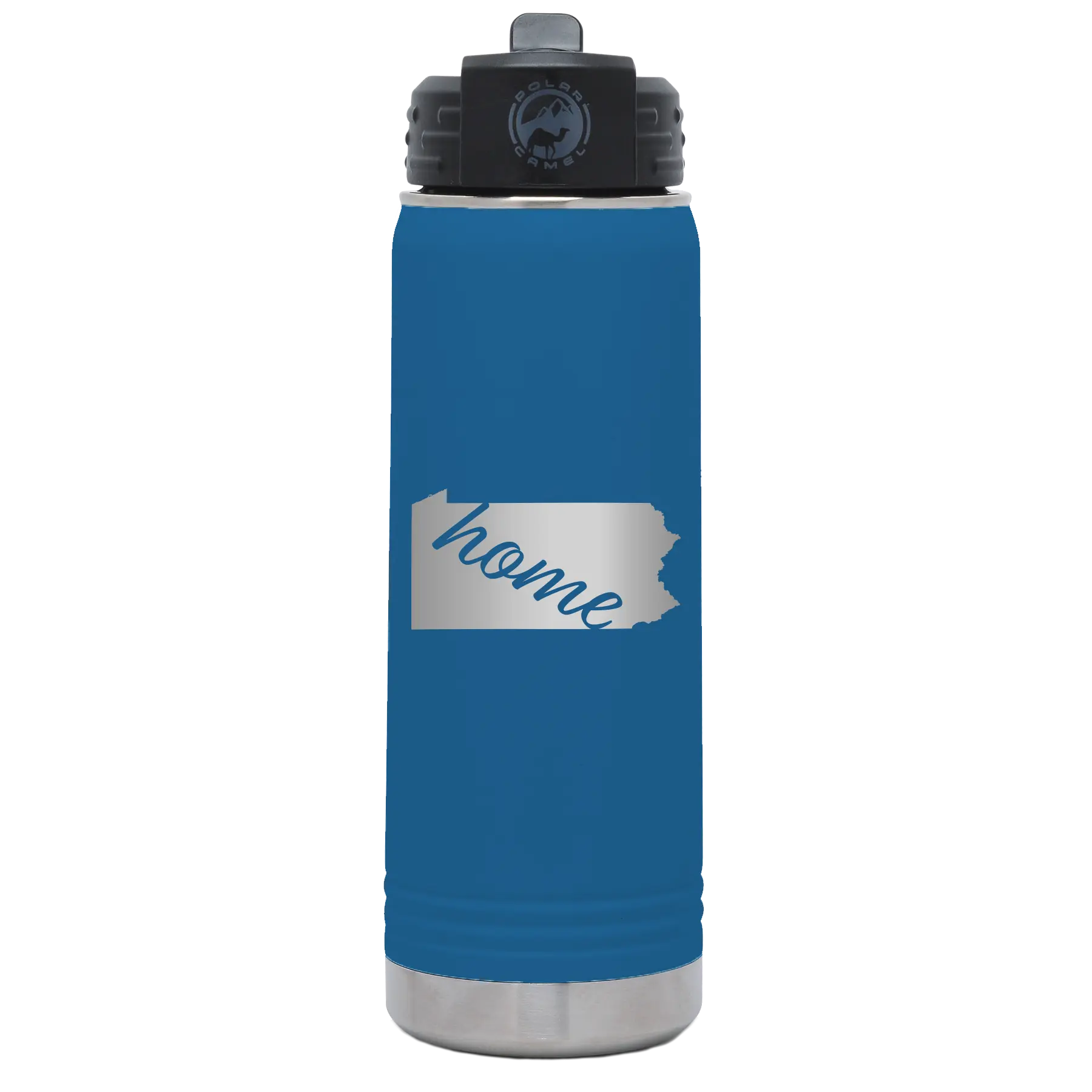 Laser etched royal blue 20 oz vacuum insulated water bottle with 'Pennsylvania Home' design