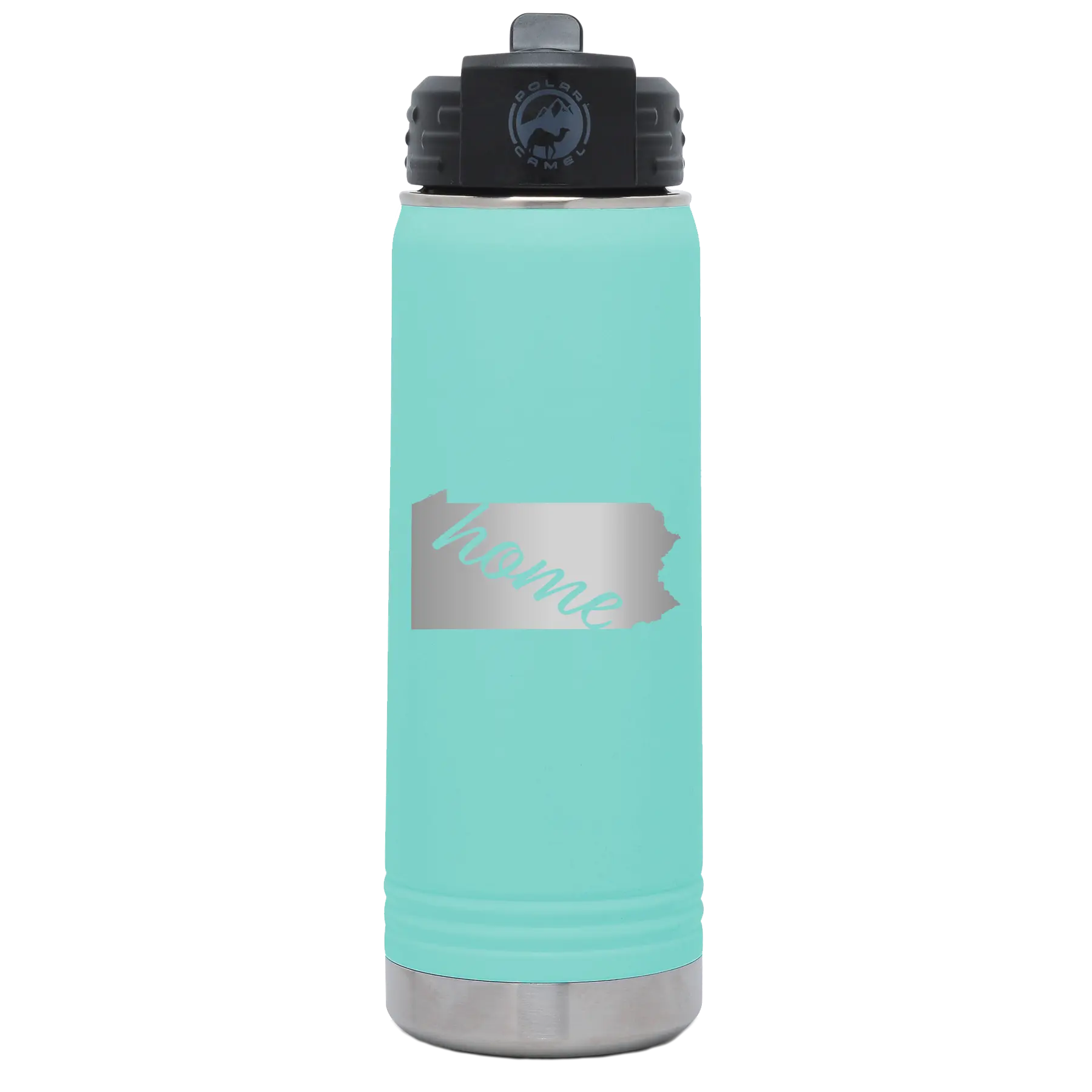 Laser etched teal 20 oz vacuum insulated water bottle with 'Pennsylvania Home' design