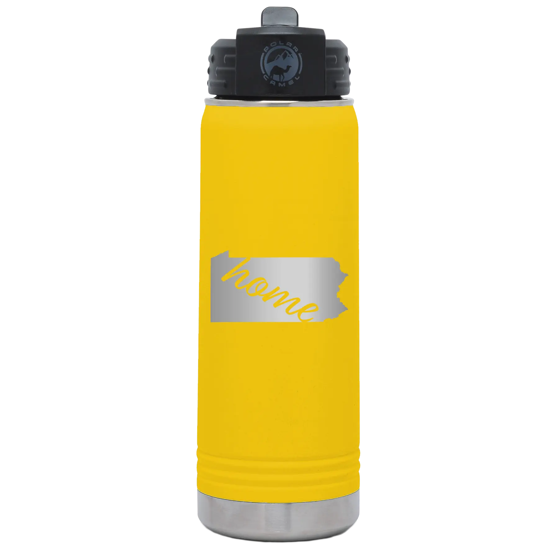 Laser etched yellow 20 oz vacuum insulated water bottle with 'Pennsylvania Home' design