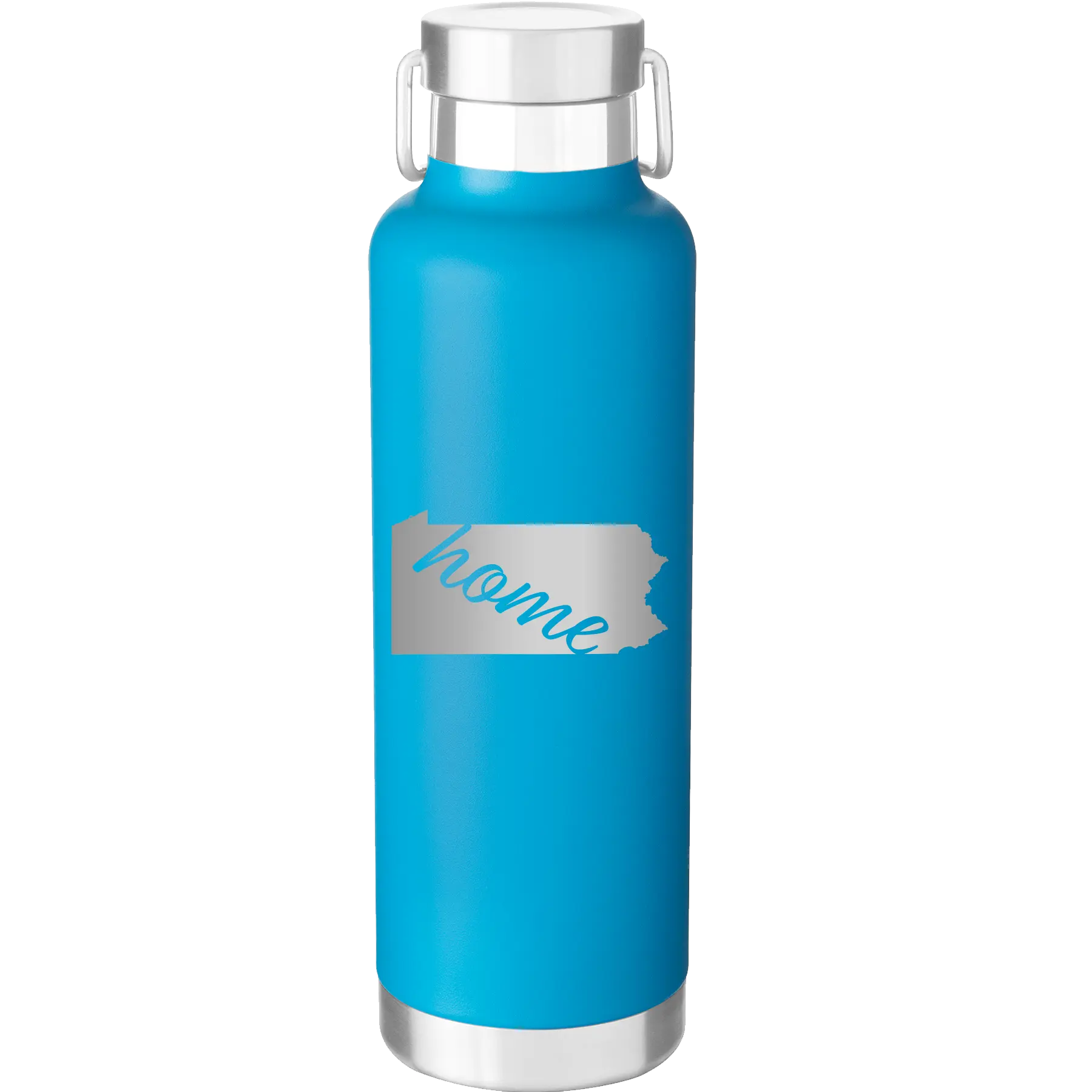 Laser etched aqua 24 oz vacuum insulated water bottle with 'Pennsylvania Home' design