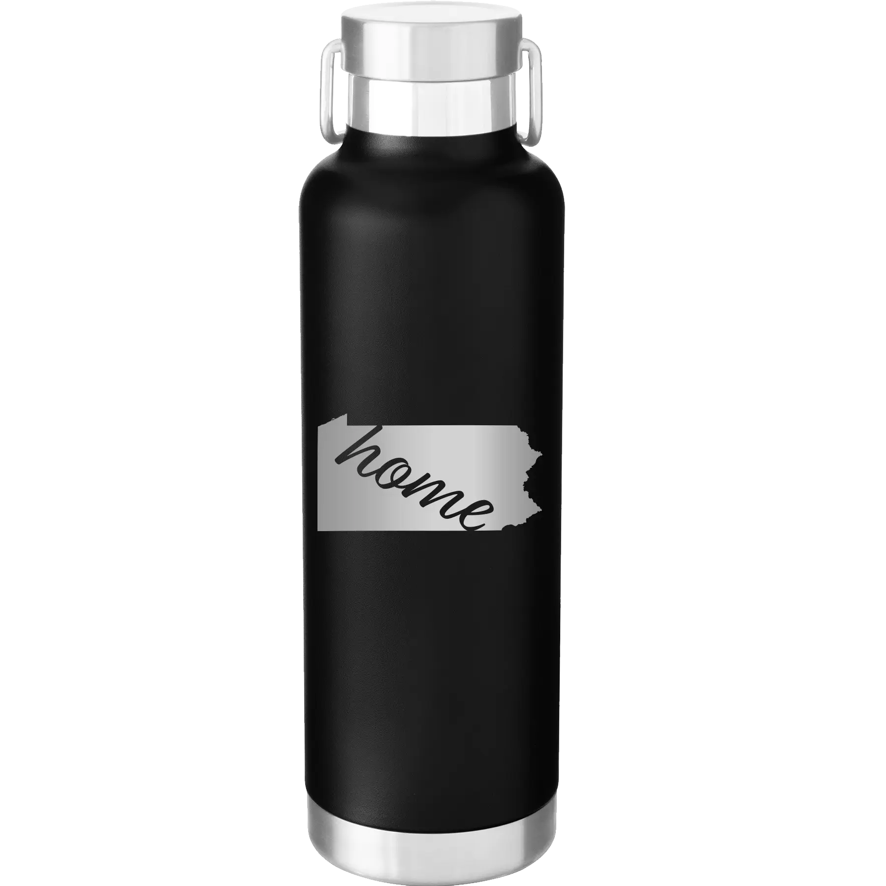 Laser etched black 24 oz vacuum insulated water bottle with 'Pennsylvania Home' design