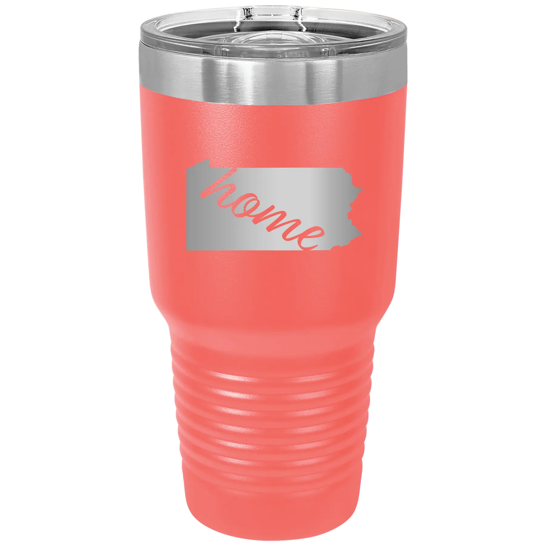 Laser etched coral 30 oz vacuum insulated tumbler with 'Pennsylvania Home' design