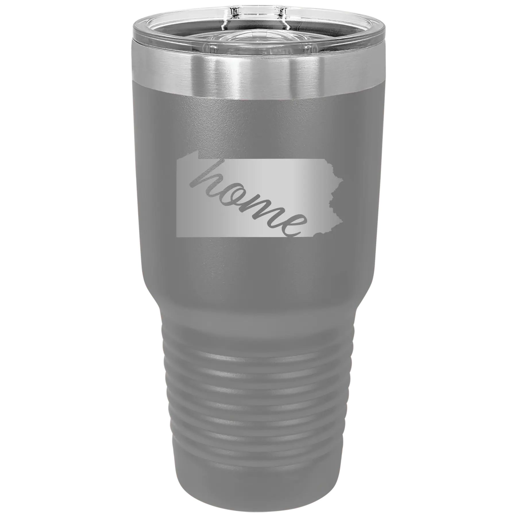 Laser etched dark gray 30 oz vacuum insulated tumbler with 'Pennsylvania Home' design