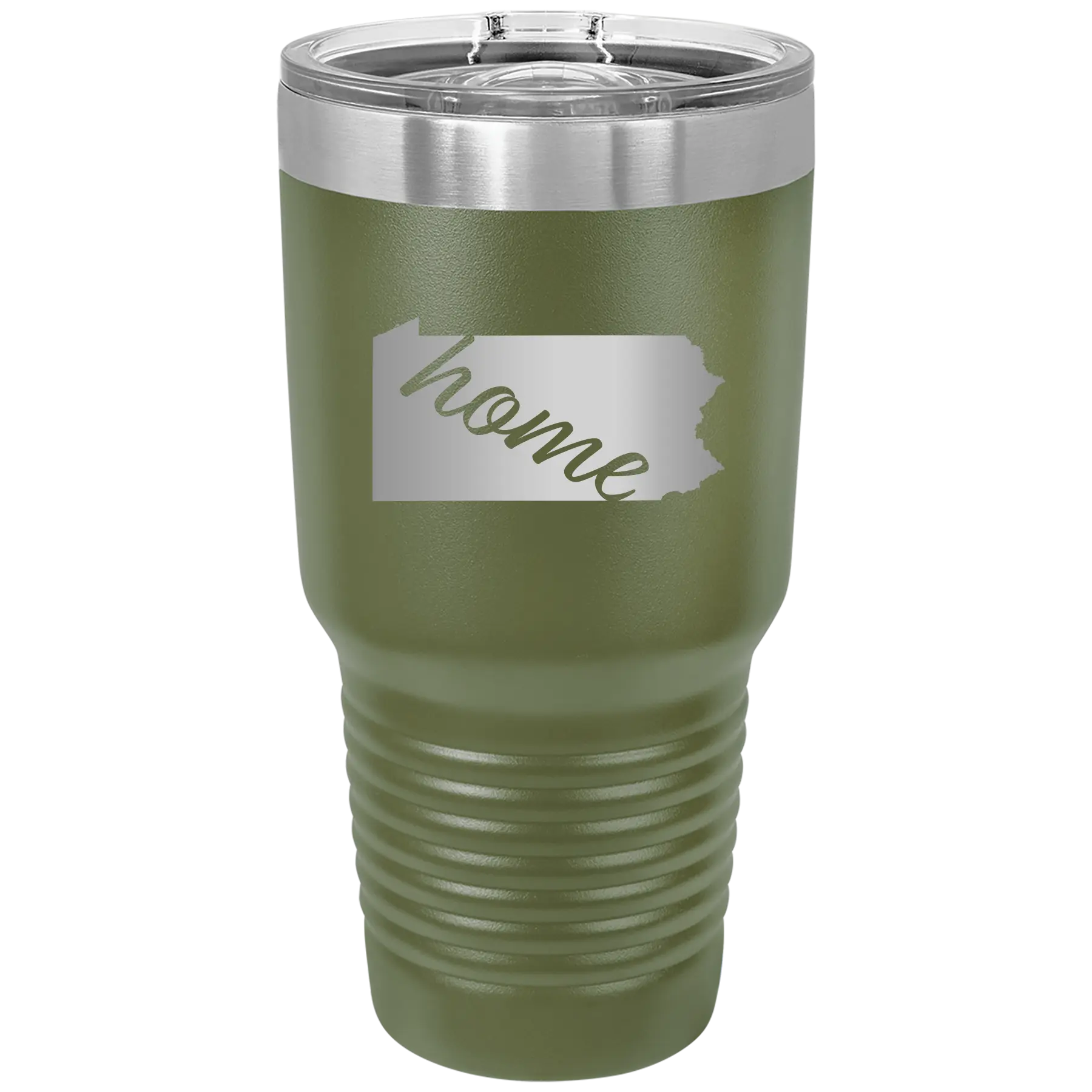 Laser etched olive green 30 oz vacuum insulated tumbler with 'Pennsylvania Home' design
