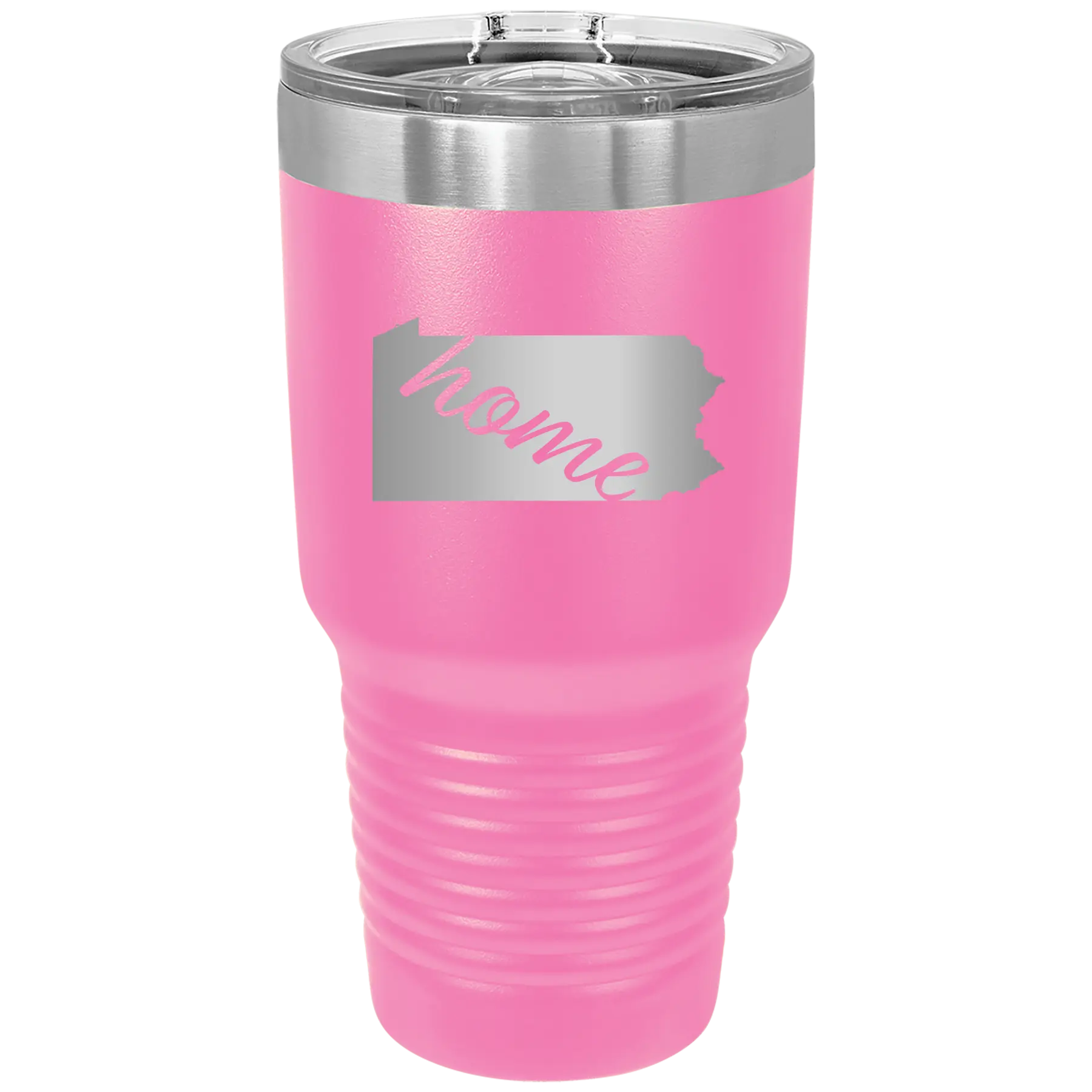 Laser etched pink 30 oz vacuum insulated tumbler with 'Pennsylvania Home' design