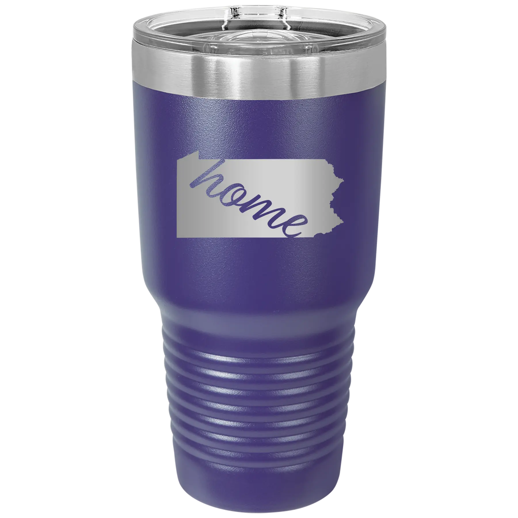 Laser etched purple 30 oz vacuum insulated tumbler with 'Pennsylvania Home' design