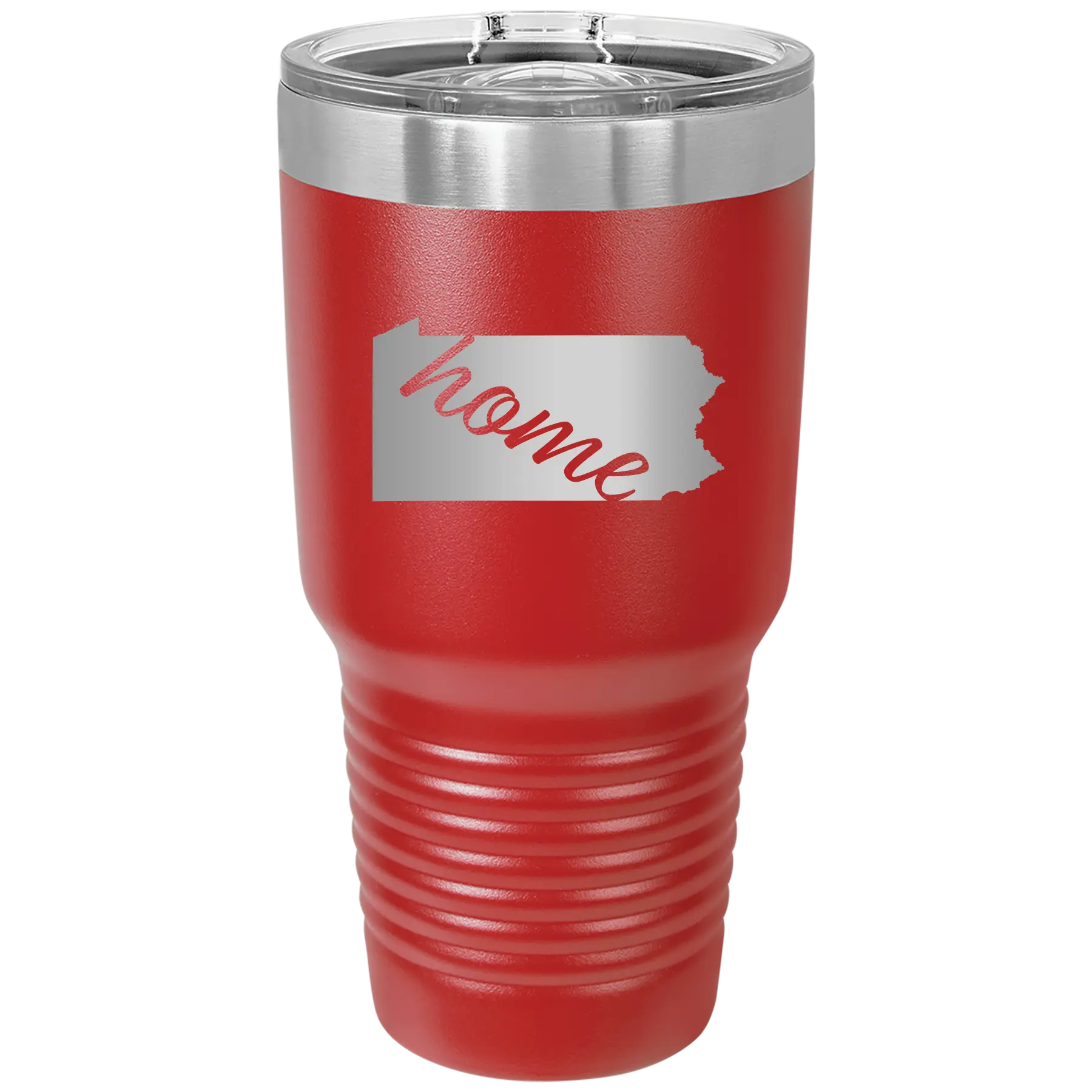 Laser etched red 30 oz vacuum insulated tumbler with 'Pennsylvania Home' design