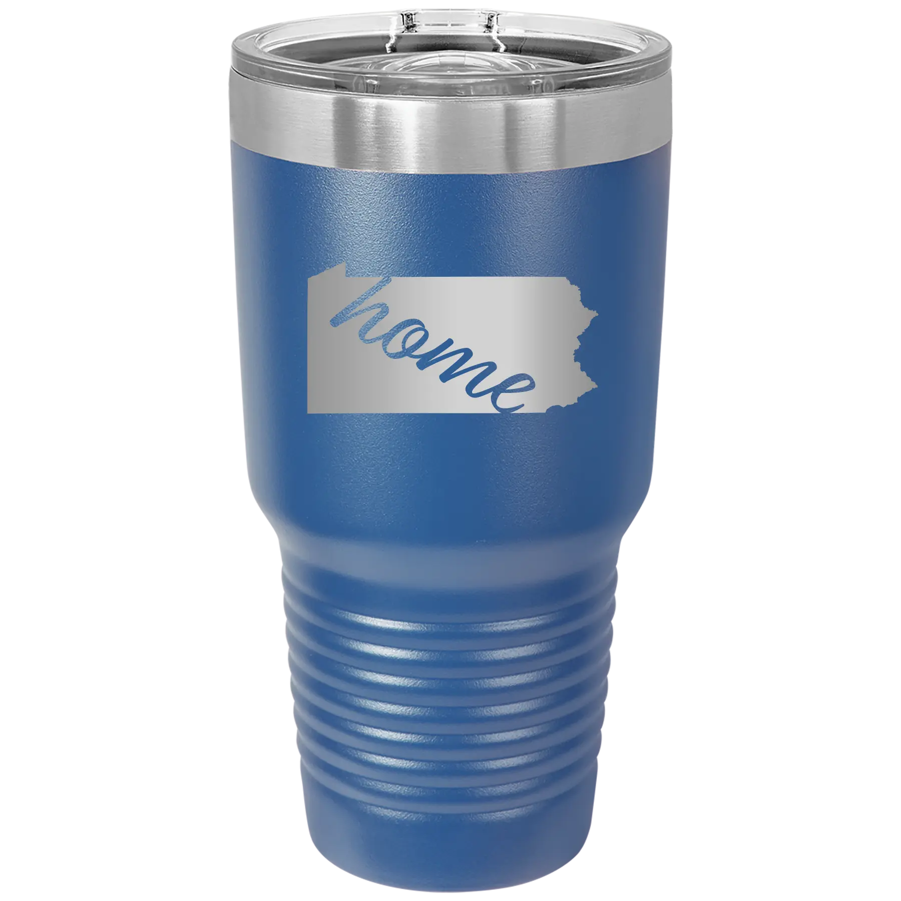 Laser etched royal blue 30 oz vacuum insulated tumbler with 'Pennsylvania Home' design