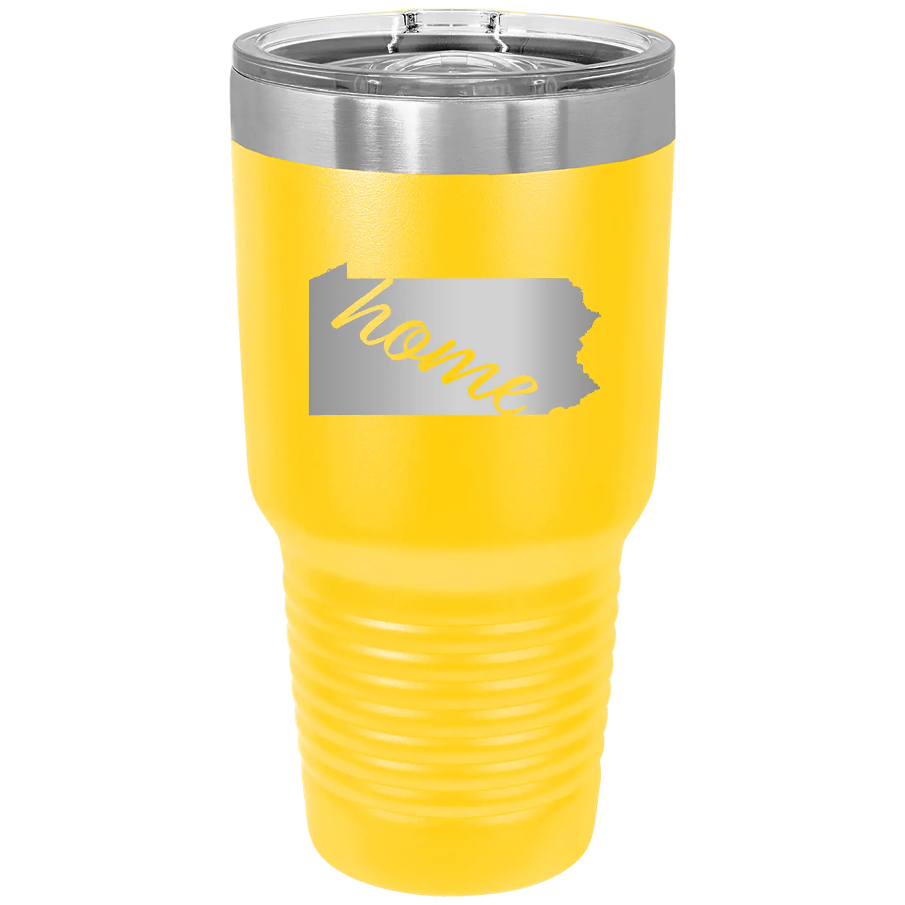 Laser etched yellow 30 oz vacuum insulated tumbler with 'Pennsylvania Home' design