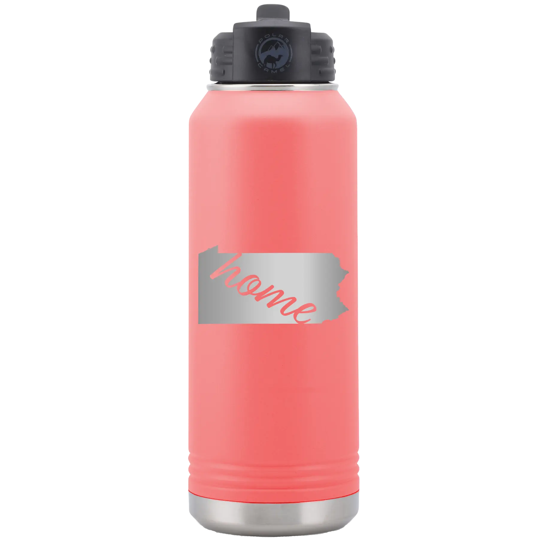 Laser etched coral 32 oz vacuum insulated water bottle with 'Pennsylvania Home' design