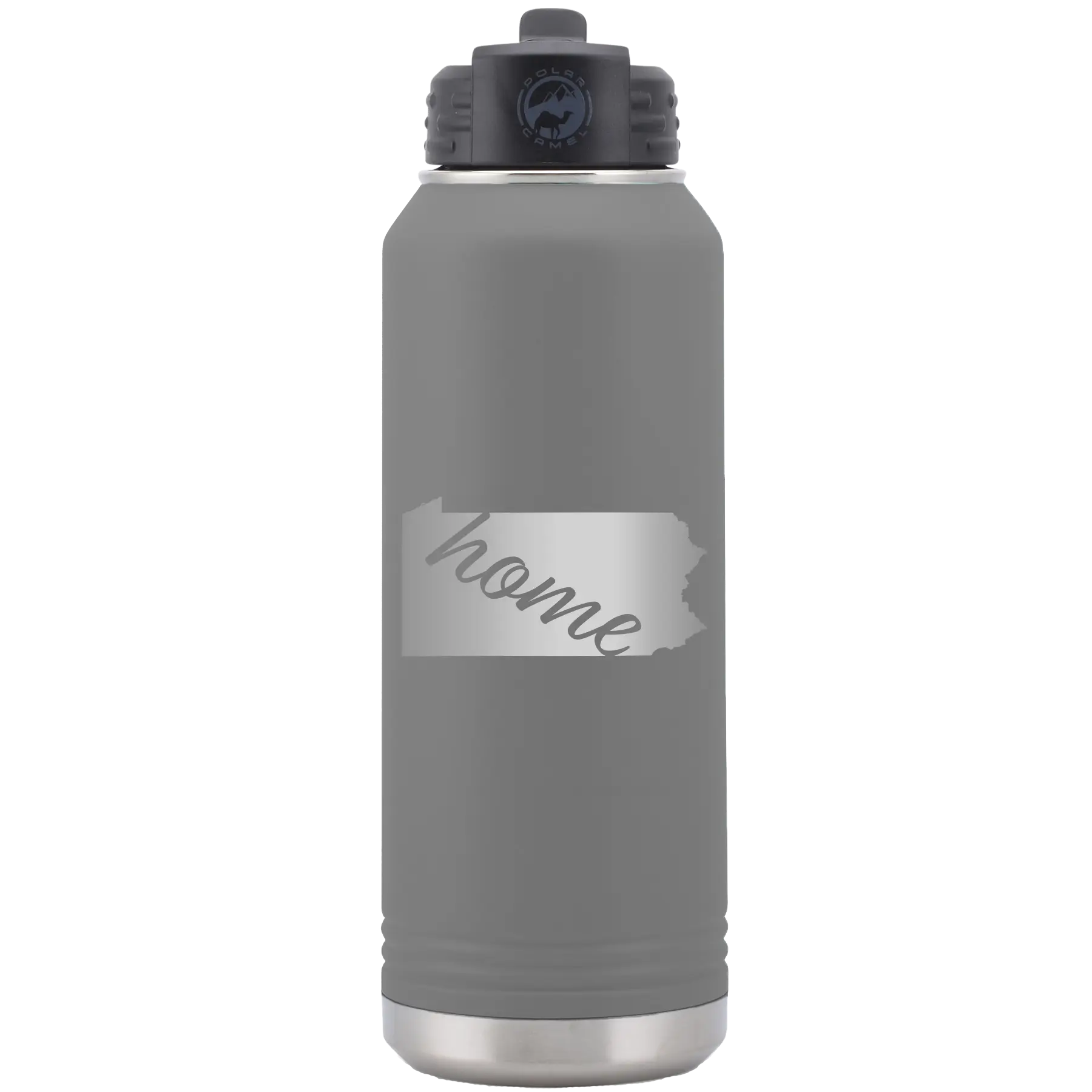 Laser etched dark gray 32 oz vacuum insulated water bottle with 'Pennsylvania Home' design