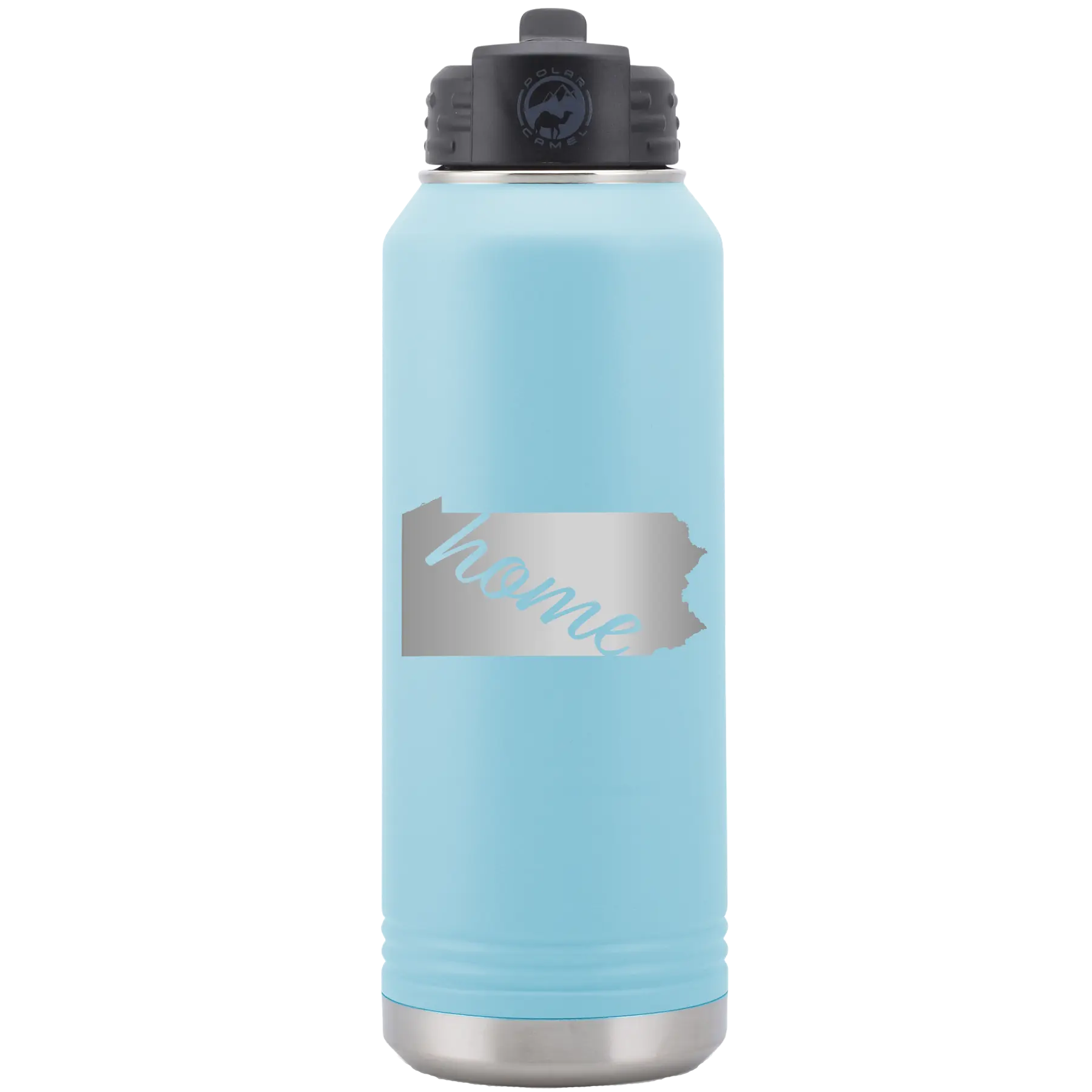 Laser etched light blue 32 oz vacuum insulated water bottle with 'Pennsylvania Home' design