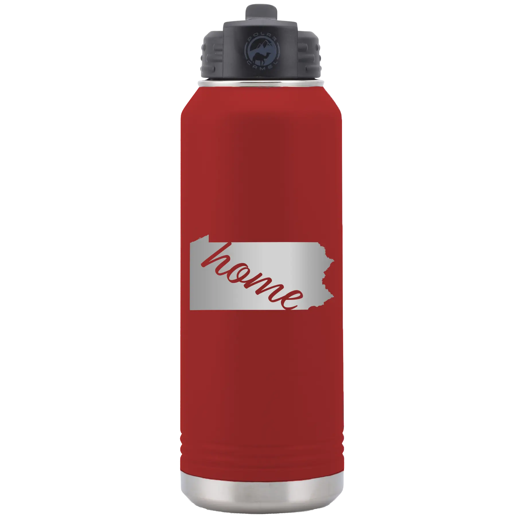 Laser etched maroon 32 oz vacuum insulated water bottle with 'Pennsylvania Home' design
