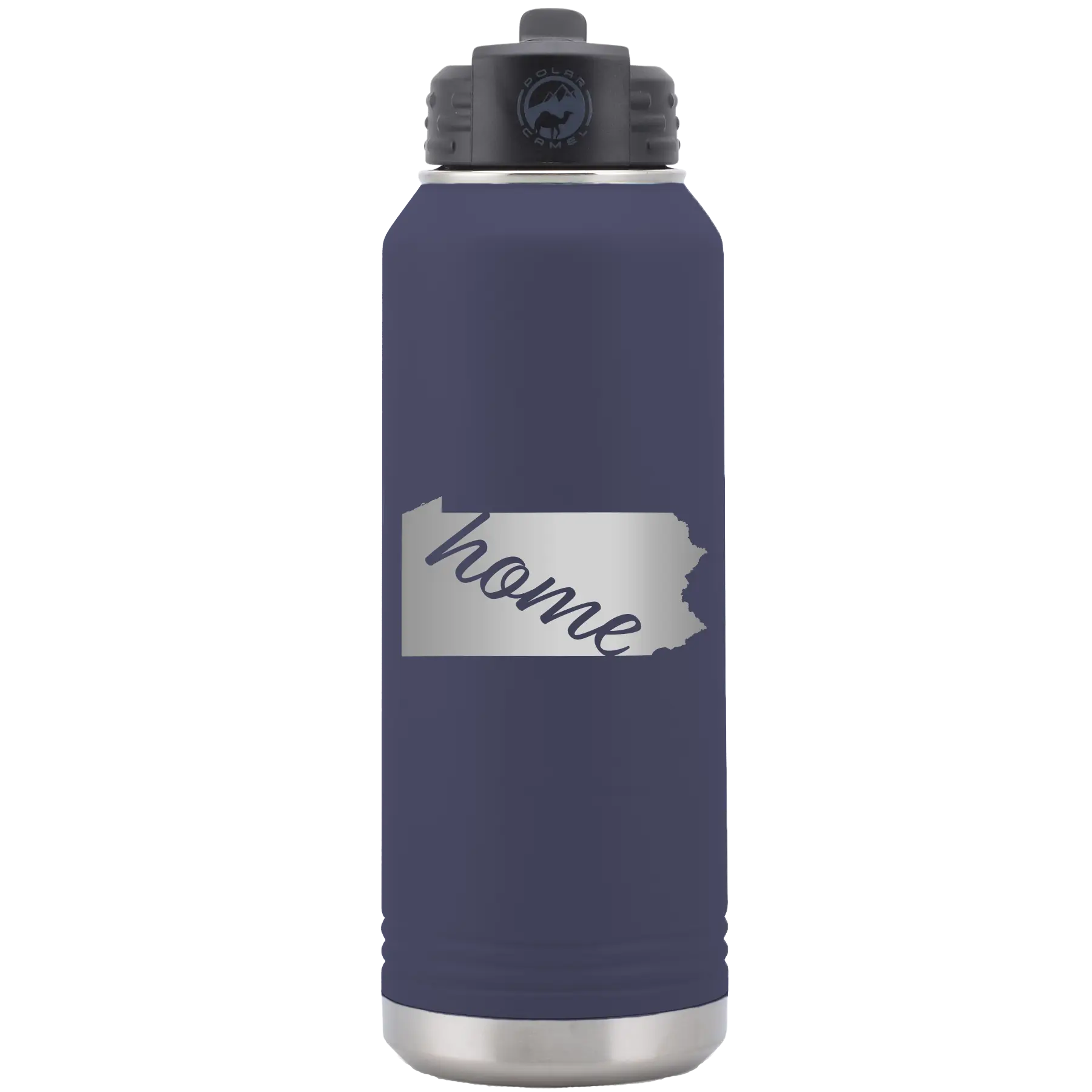 Laser etched navy 32 oz vacuum insulated water bottle with 'Pennsylvania Home' design
