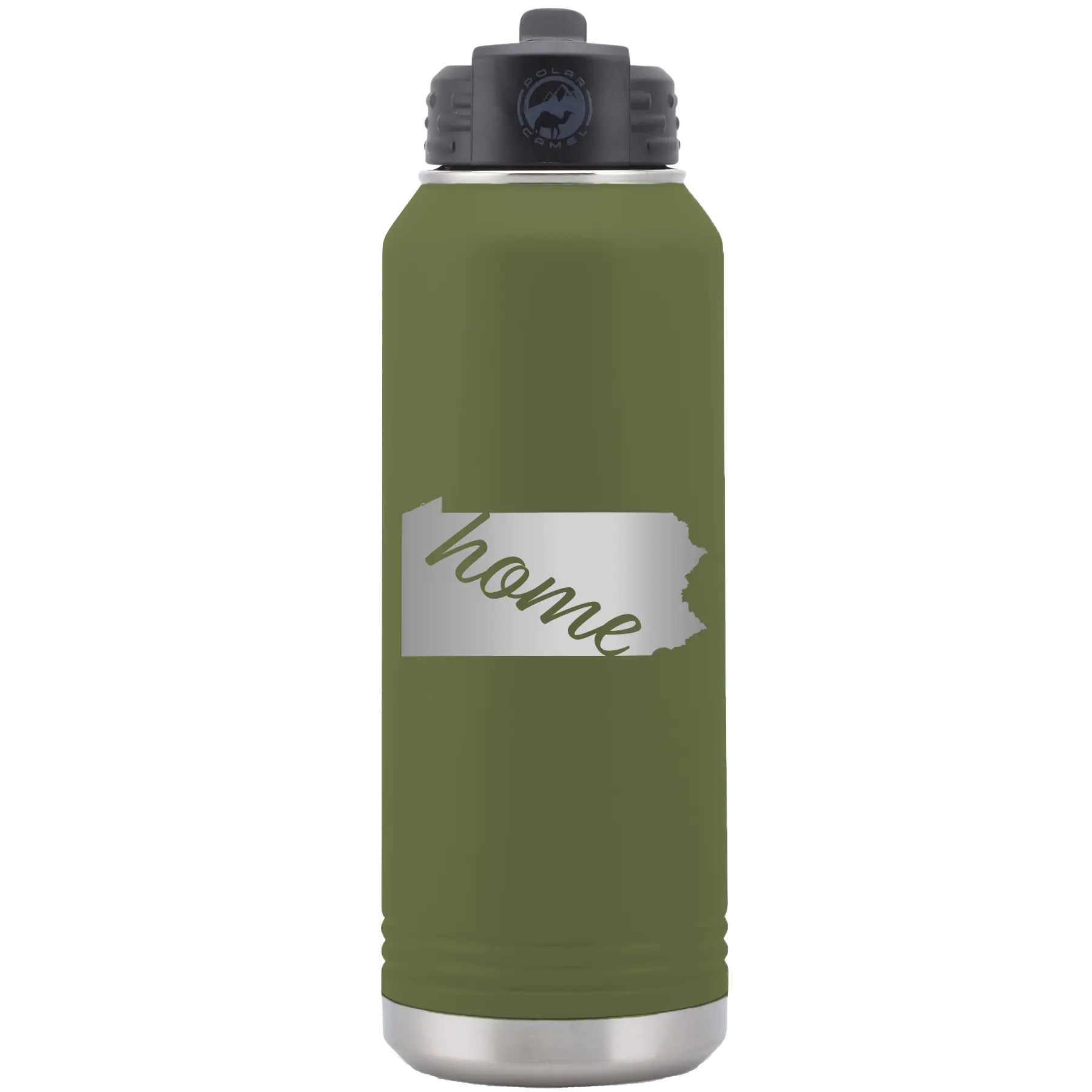 Laser etched olive green 32 oz vacuum insulated water bottle with 'Pennsylvania Home' design