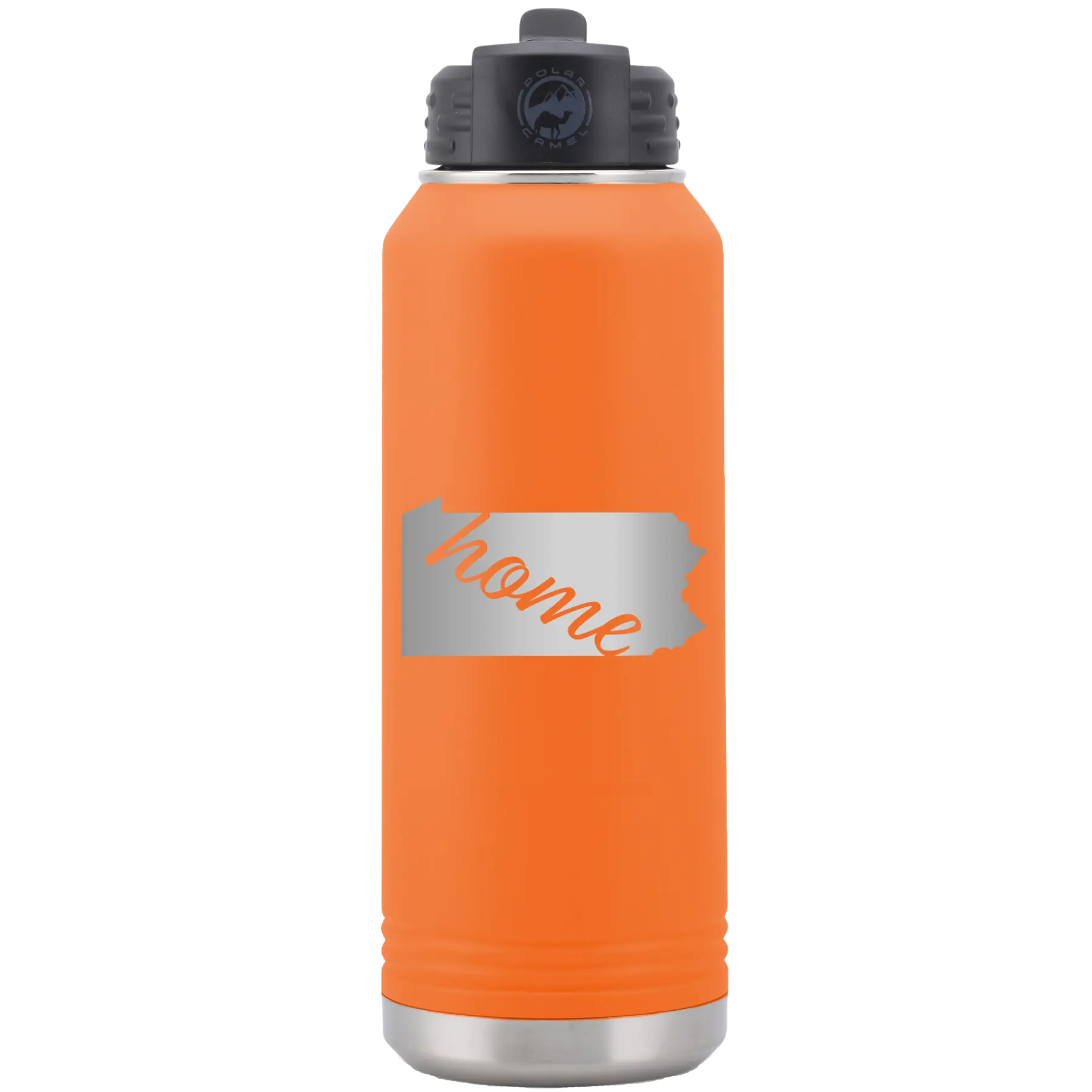 Laser etched orange 32 oz vacuum insulated water bottle with 'Pennsylvania Home' design