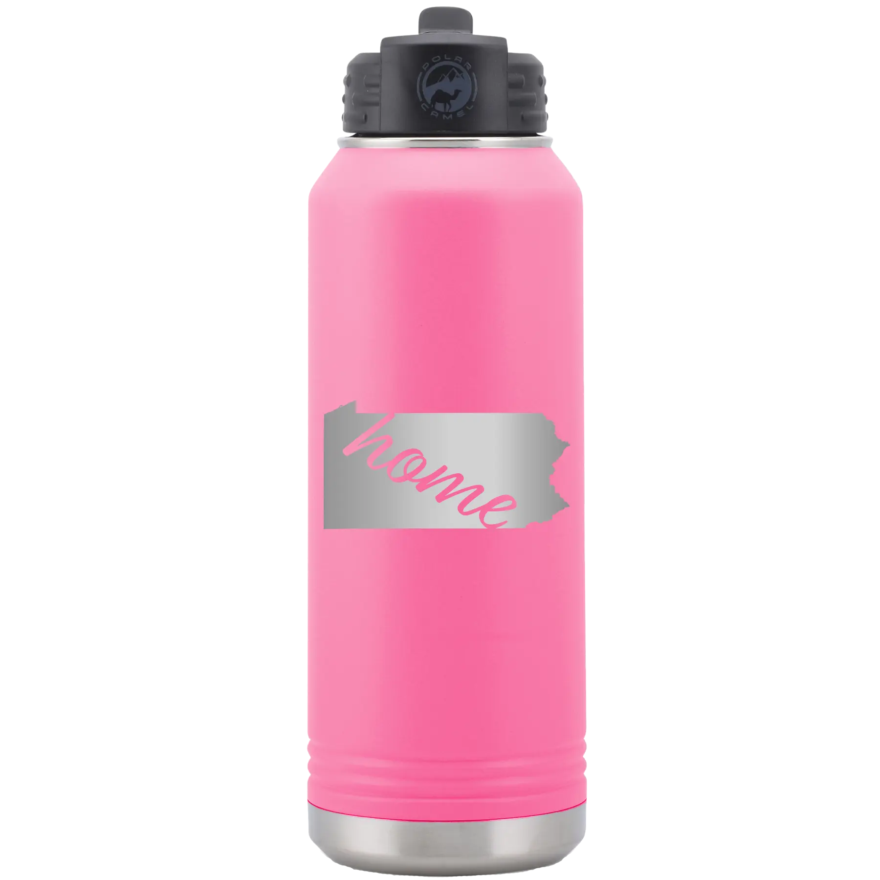 Laser etched pink 32 oz vacuum insulated water bottle with 'Pennsylvania Home' design