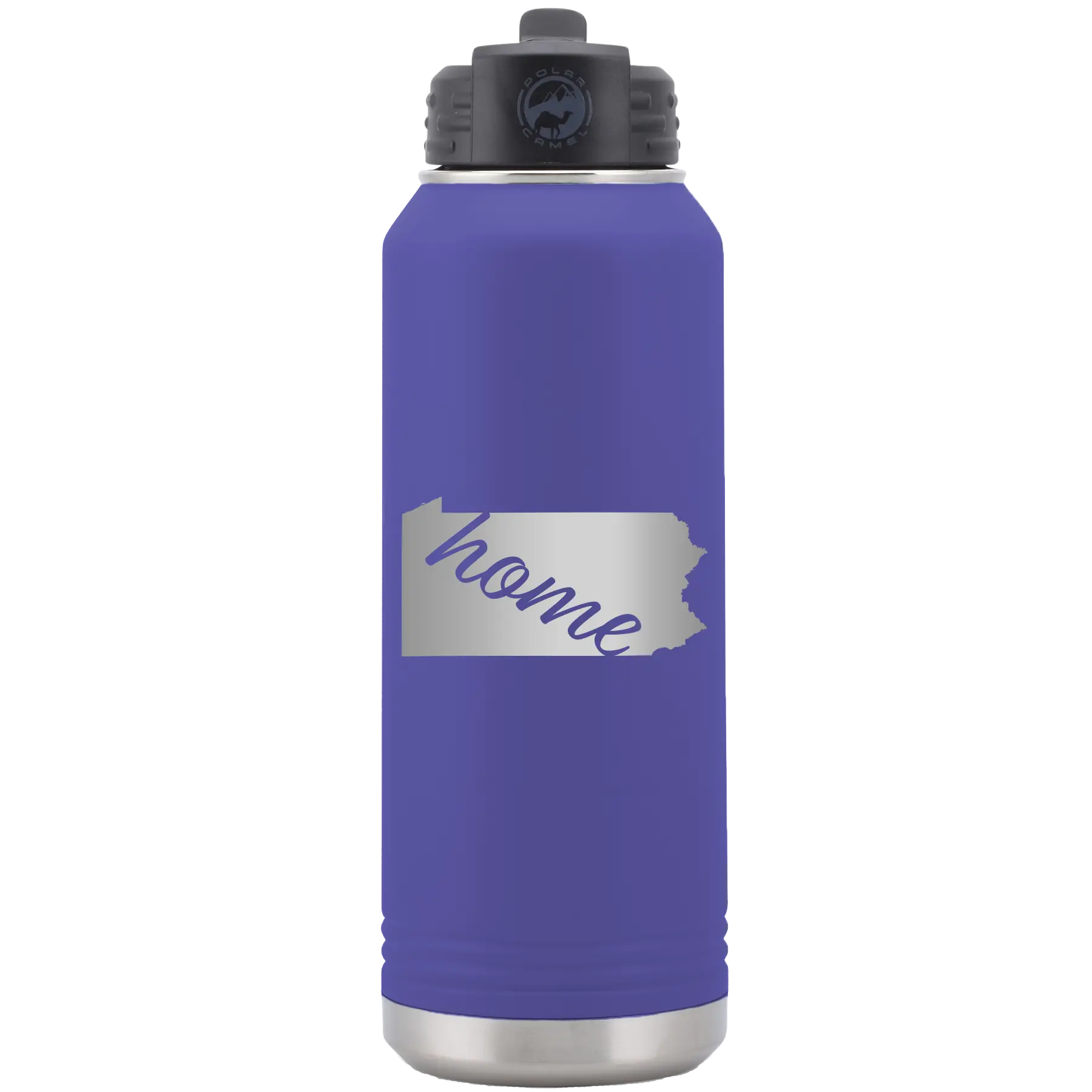 Laser etched purple 32 oz vacuum insulated water bottle with 'Pennsylvania Home' design