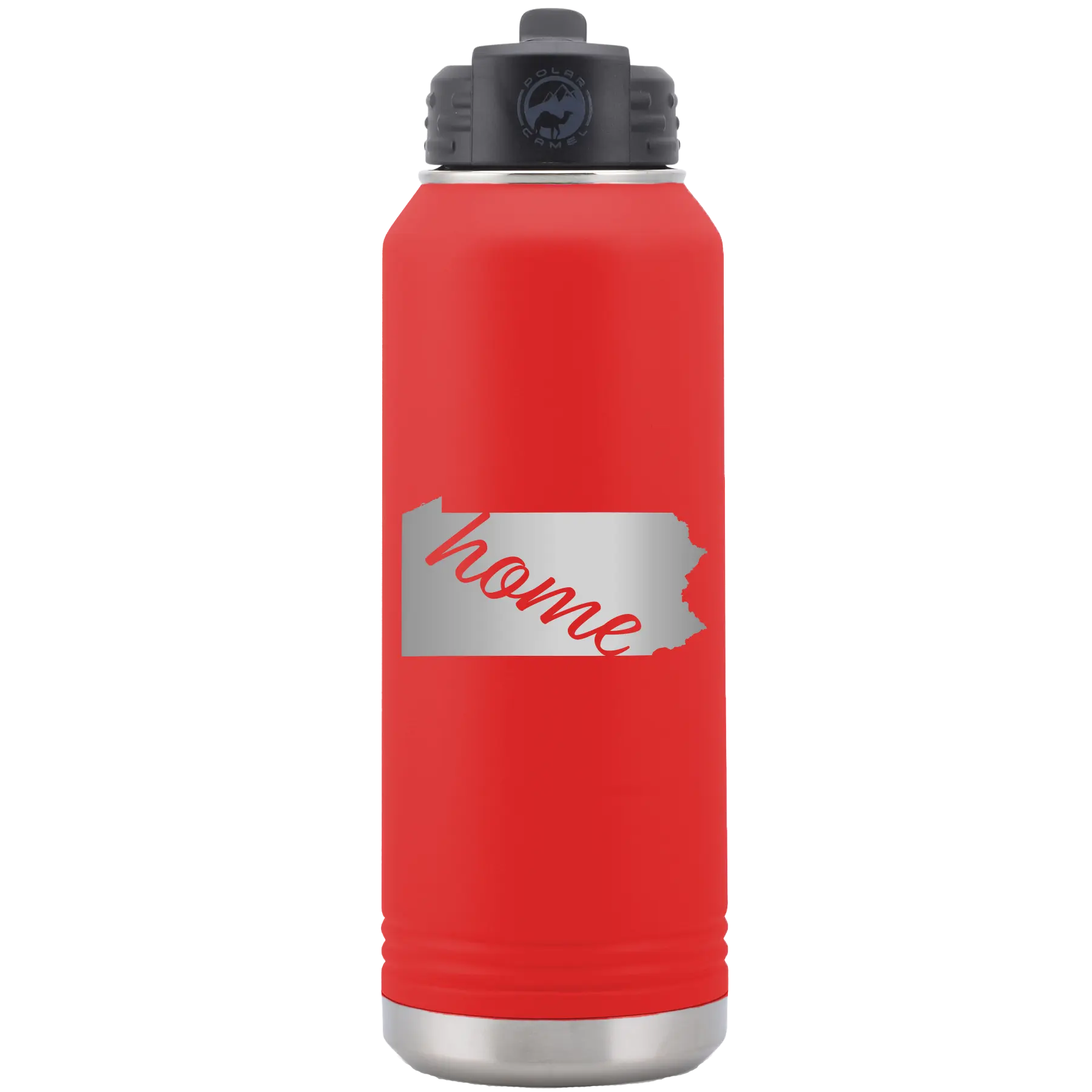 Laser etched red 32 oz vacuum insulated water bottle with 'Pennsylvania Home' design
