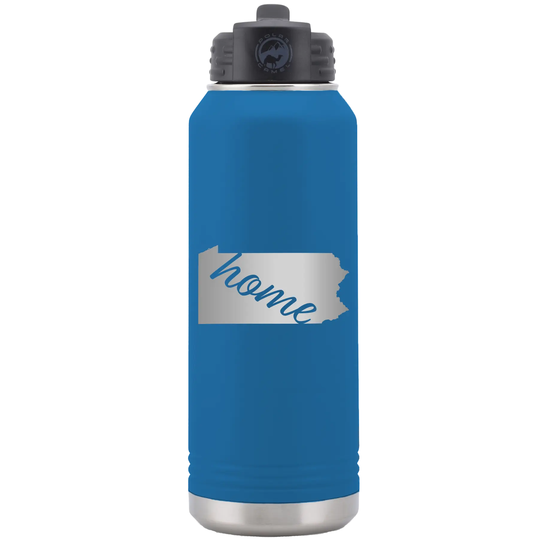 Laser etched royal blue 32 oz vacuum insulated water bottle with 'Pennsylvania Home' design