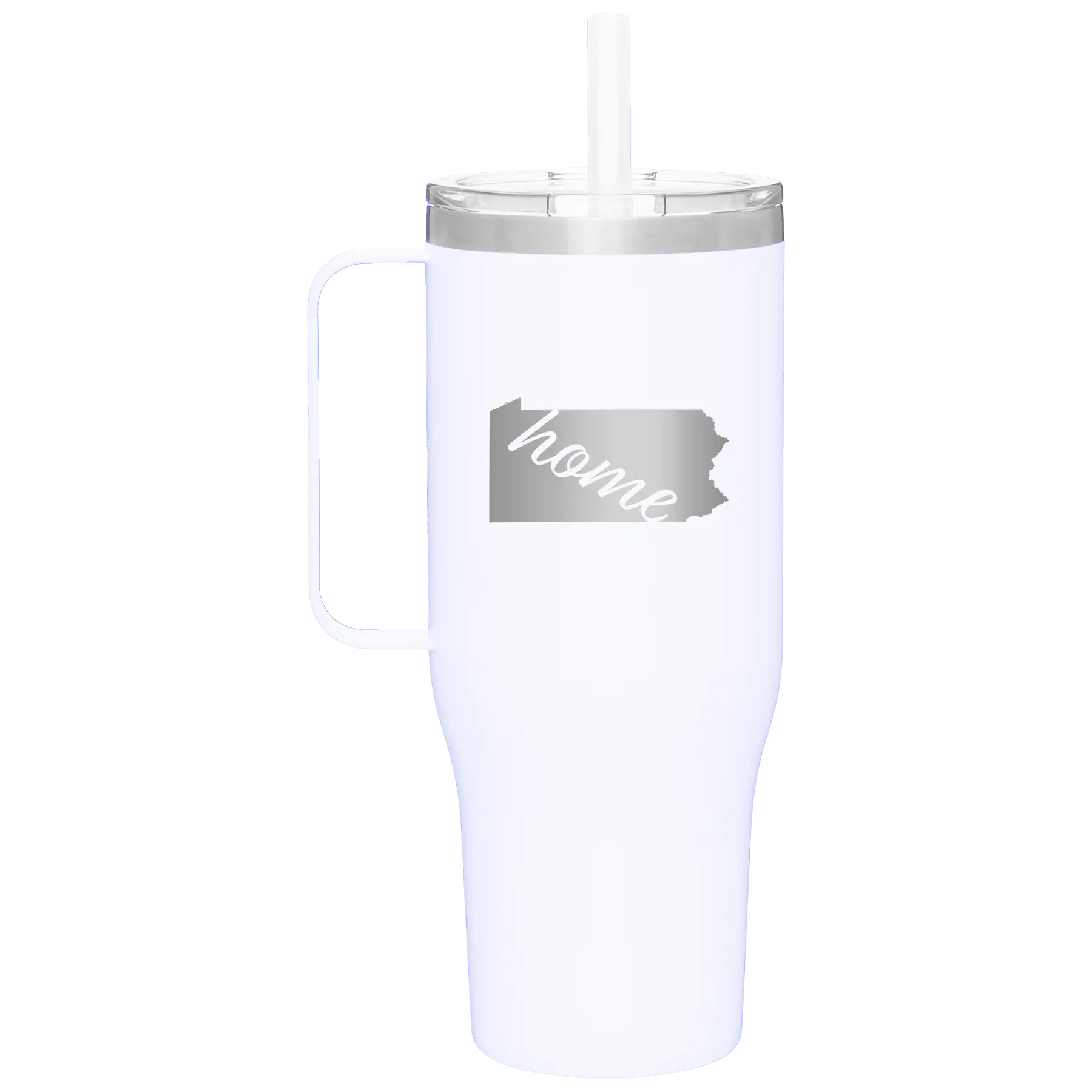 Laser etched white 40 oz vacuum insulated tumbler mug with 'Pennsylvania Home' design