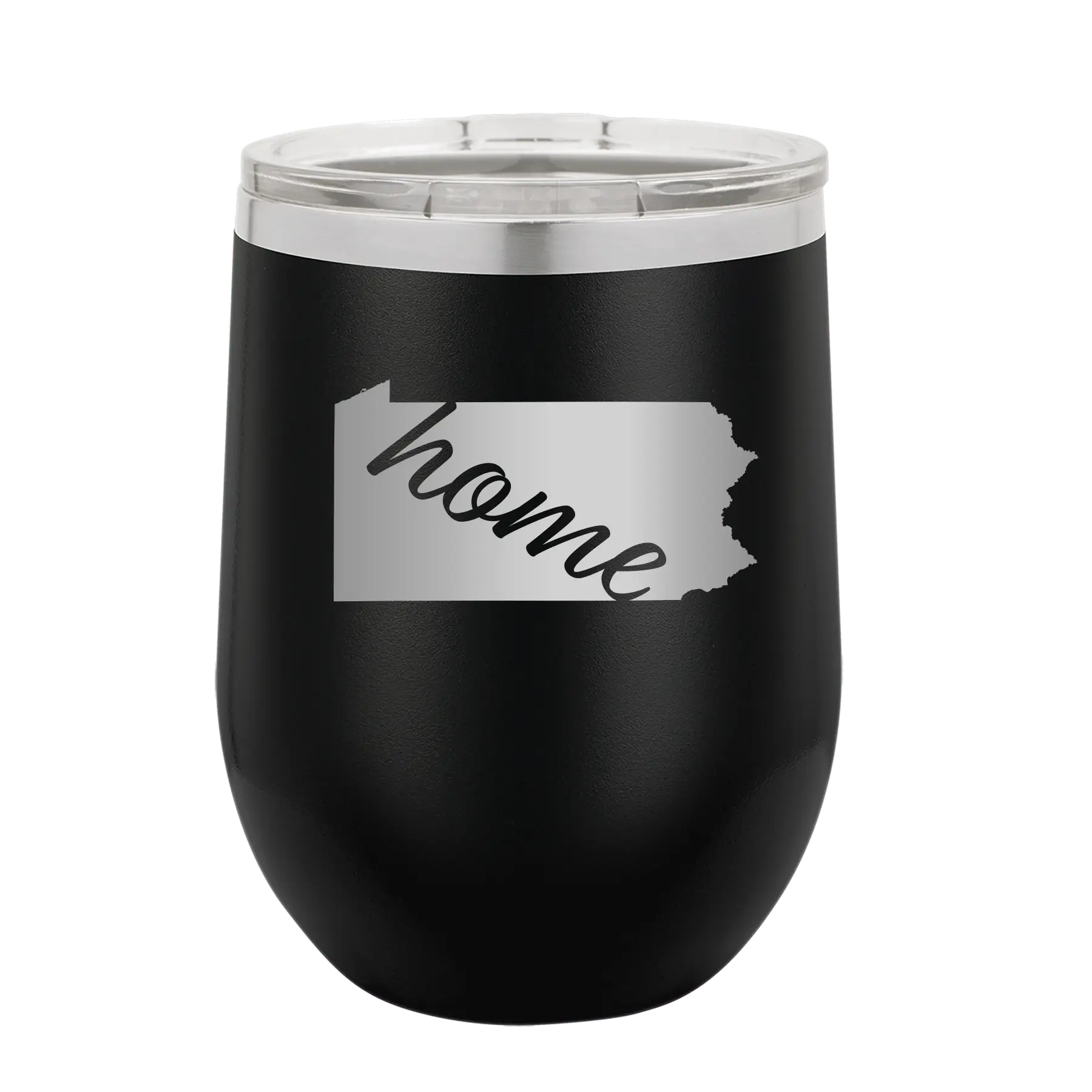 Laser etched black 12 oz vacuum insulated wine cup with 'Pennsylvania Home' design