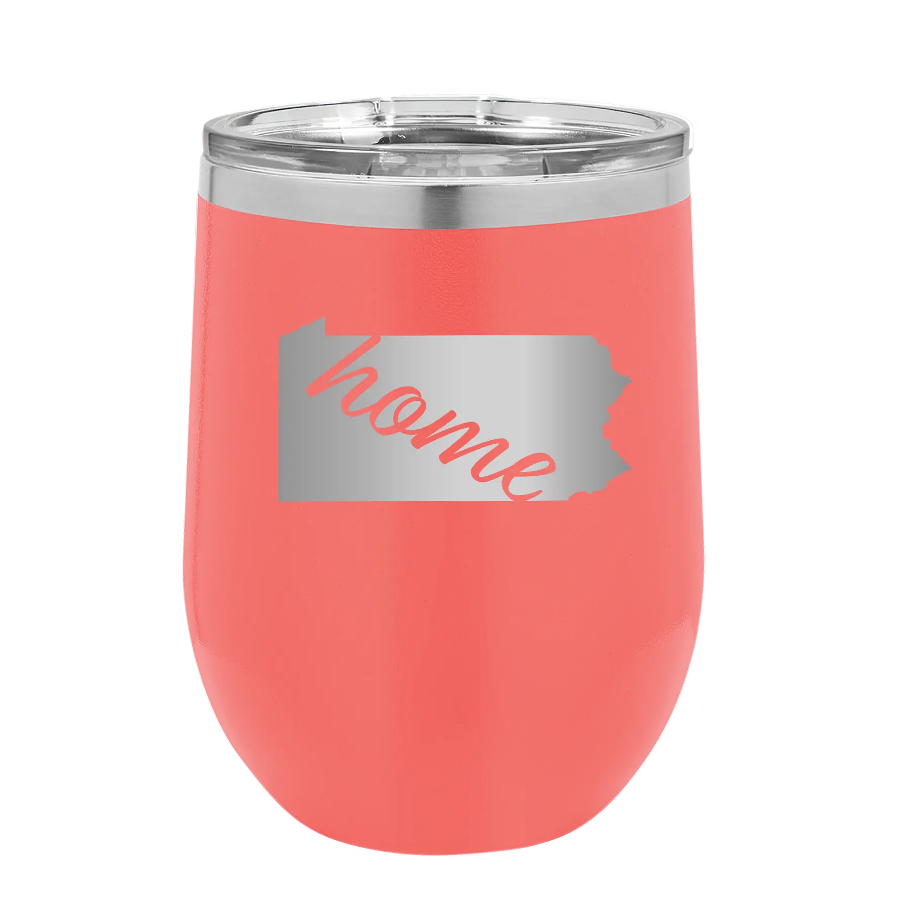 Laser etched coral 12 oz vacuum insulated wine cup with 'Pennsylvania Home' design