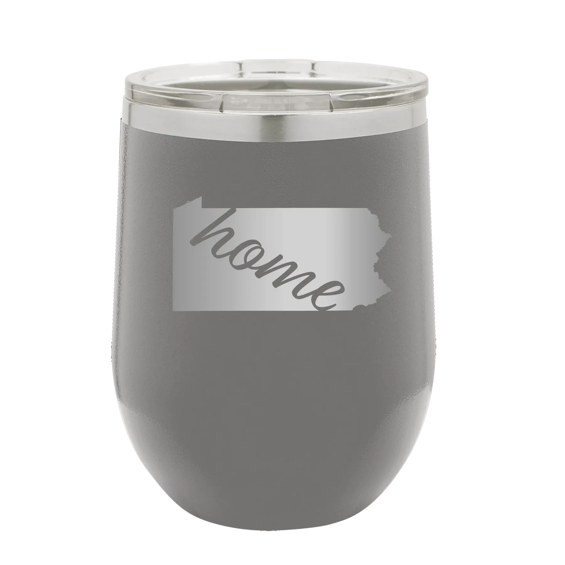 Laser etched dark gray 12 oz vacuum insulated wine cup with 'Pennsylvania Home' design