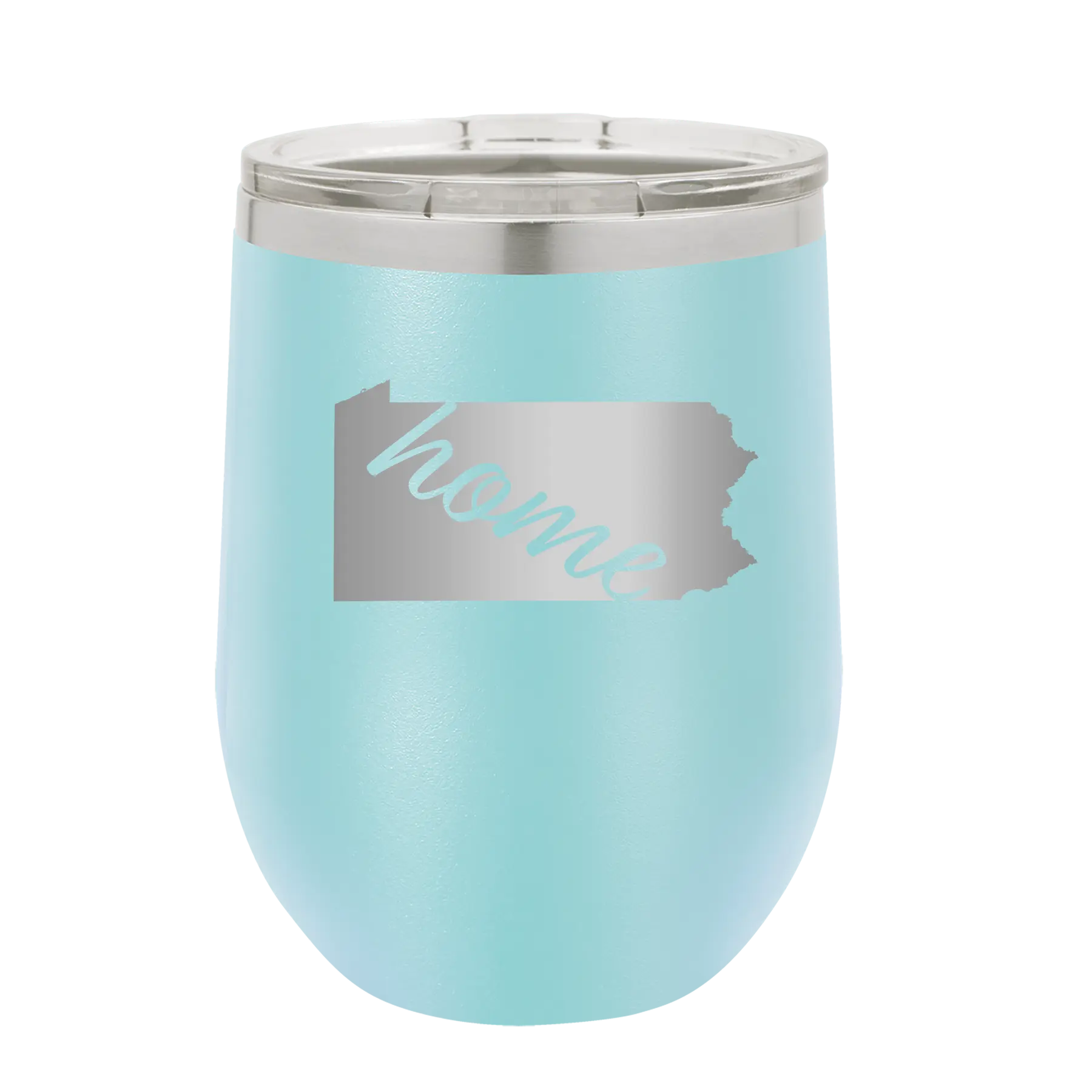 Laser etched light blue 12 oz vacuum insulated wine cup with 'Pennsylvania Home' design