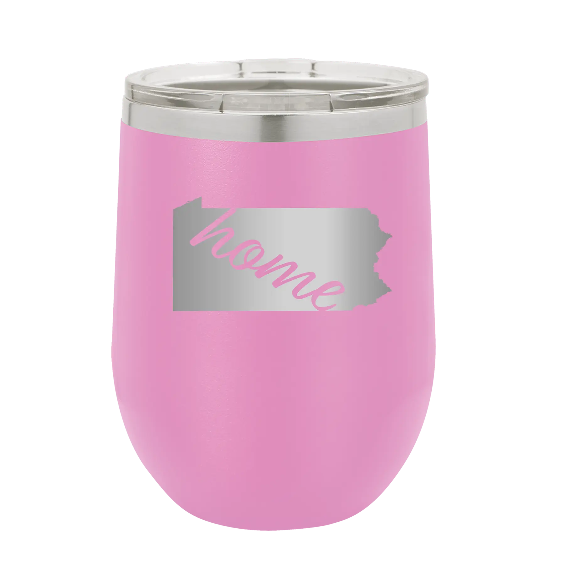 Laser etched light purple 12 oz vacuum insulated wine cup with 'Pennsylvania Home' design