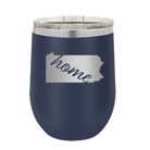 Laser etched navy 12 oz vacuum insulated wine cup with 'Pennsylvania Home' design