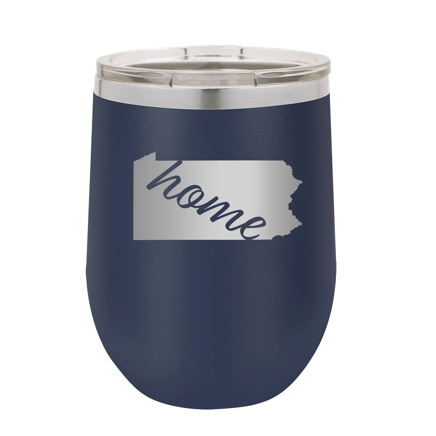Laser etched navy 12 oz vacuum insulated wine cup with 'Pennsylvania Home' design
