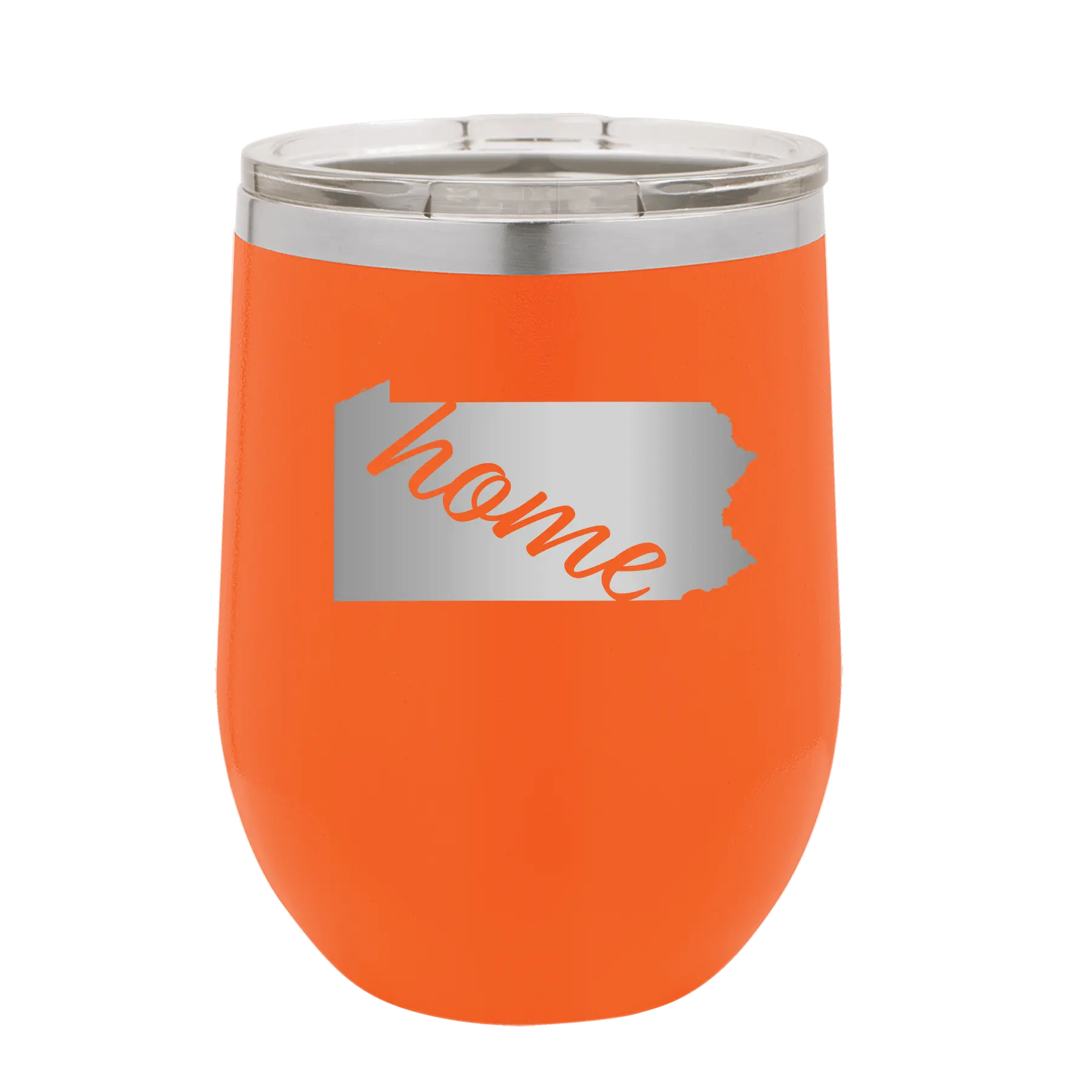Laser etched orange 12 oz vacuum insulated wine cup with 'Pennsylvania Home' design