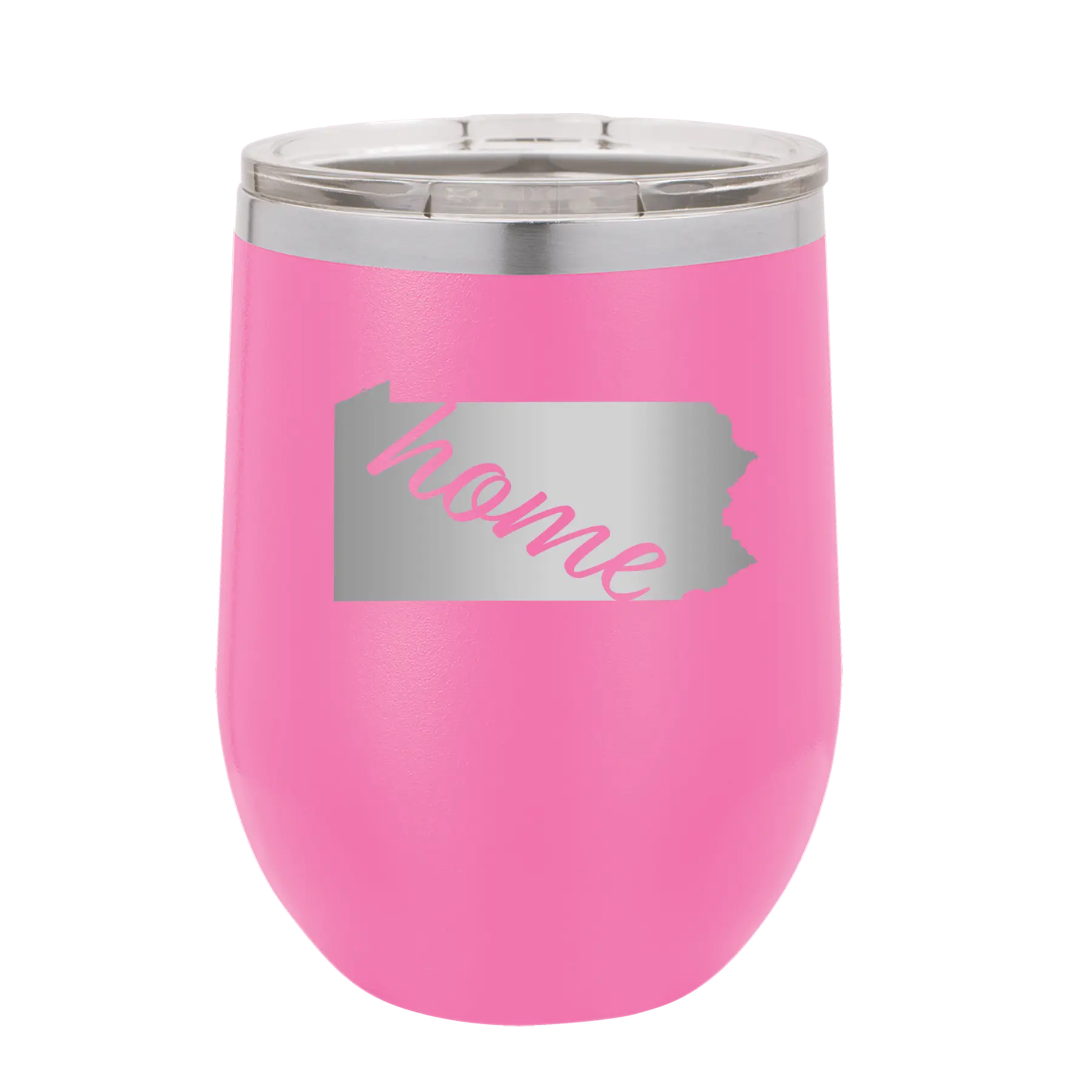 Laser etched pink 12 oz vacuum insulated wine cup with 'Pennsylvania Home' design