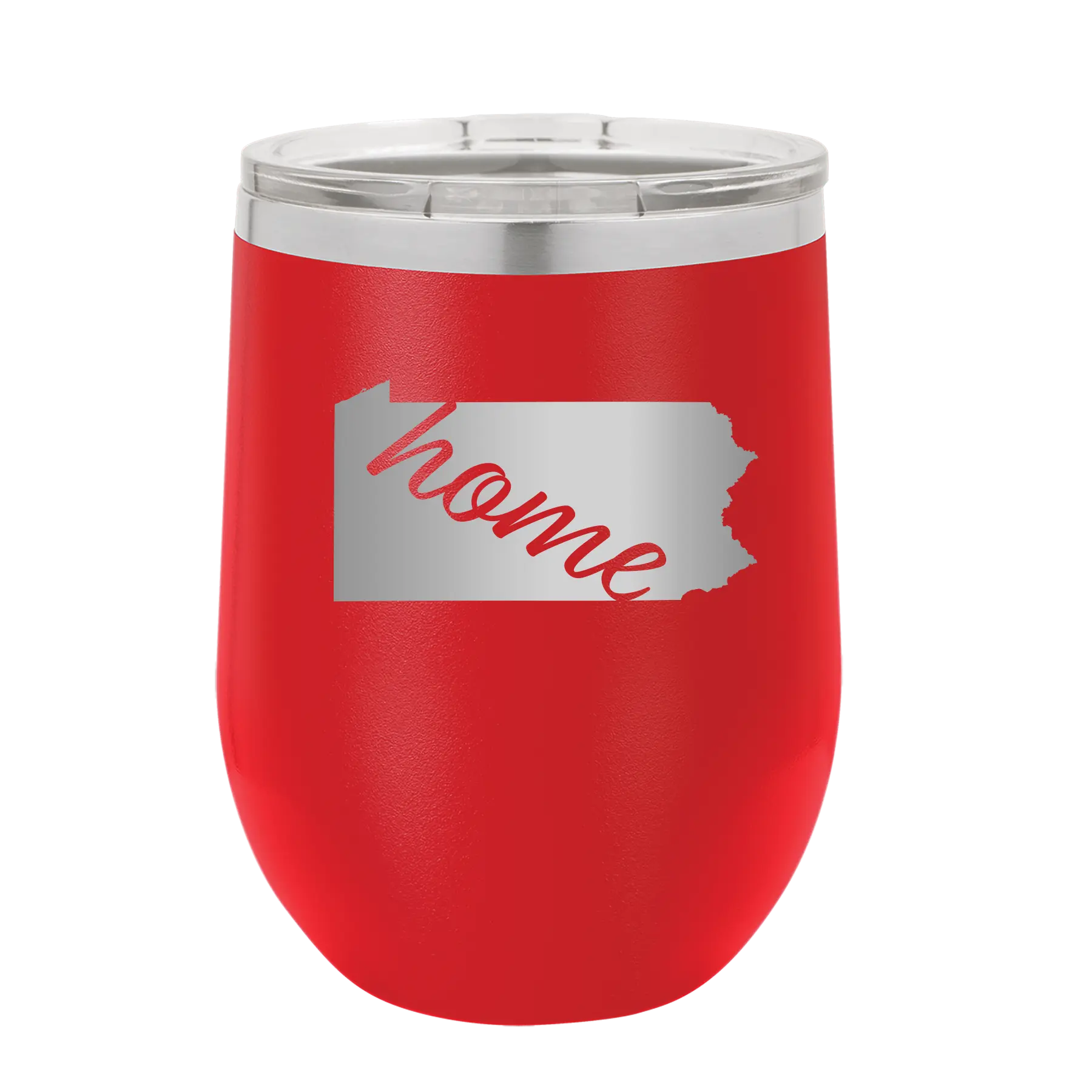 Laser etched red 12 oz vacuum insulated wine cup with 'Pennsylvania Home' design