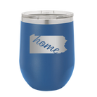 Laser etched royal blue 12 oz vacuum insulated wine cup with 'Pennsylvania Home' design